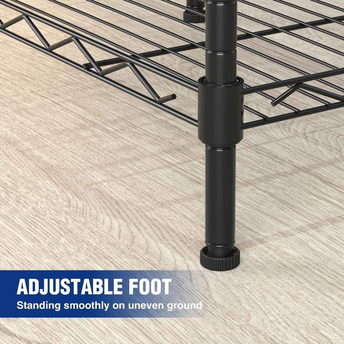Adjustable metal foot with rubber base on black wire shelving support leg