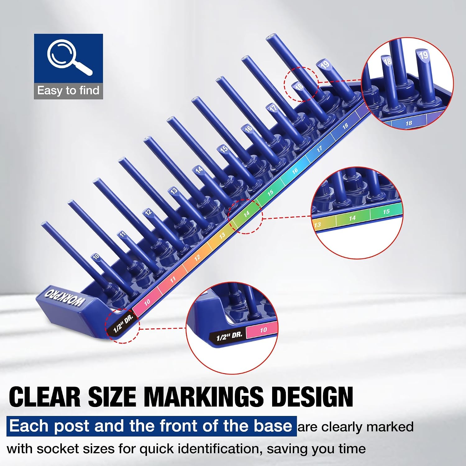 Blue metric socket organizer tray with clear size markings and numbered posts for quick ID