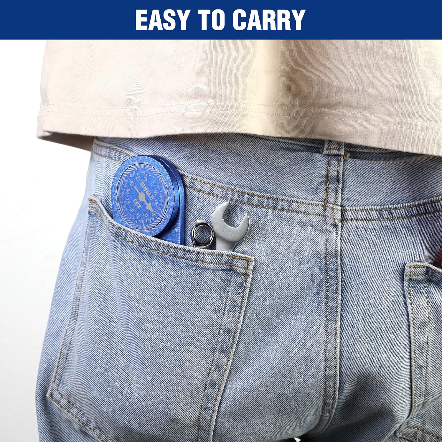 Blue miter protractor clipped in a jeans pocket for easy carrying