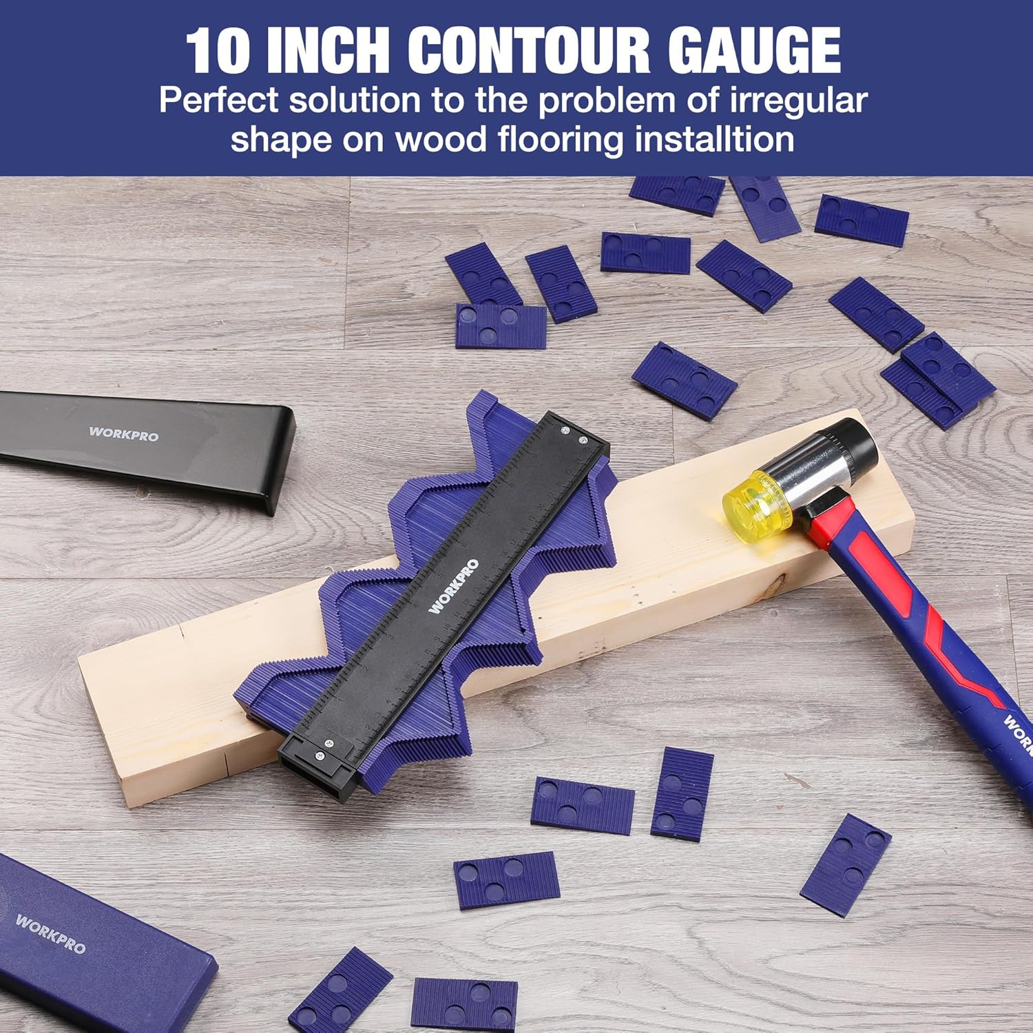 10-inch contour gauge tool with blue spacer pieces and black measuring edge