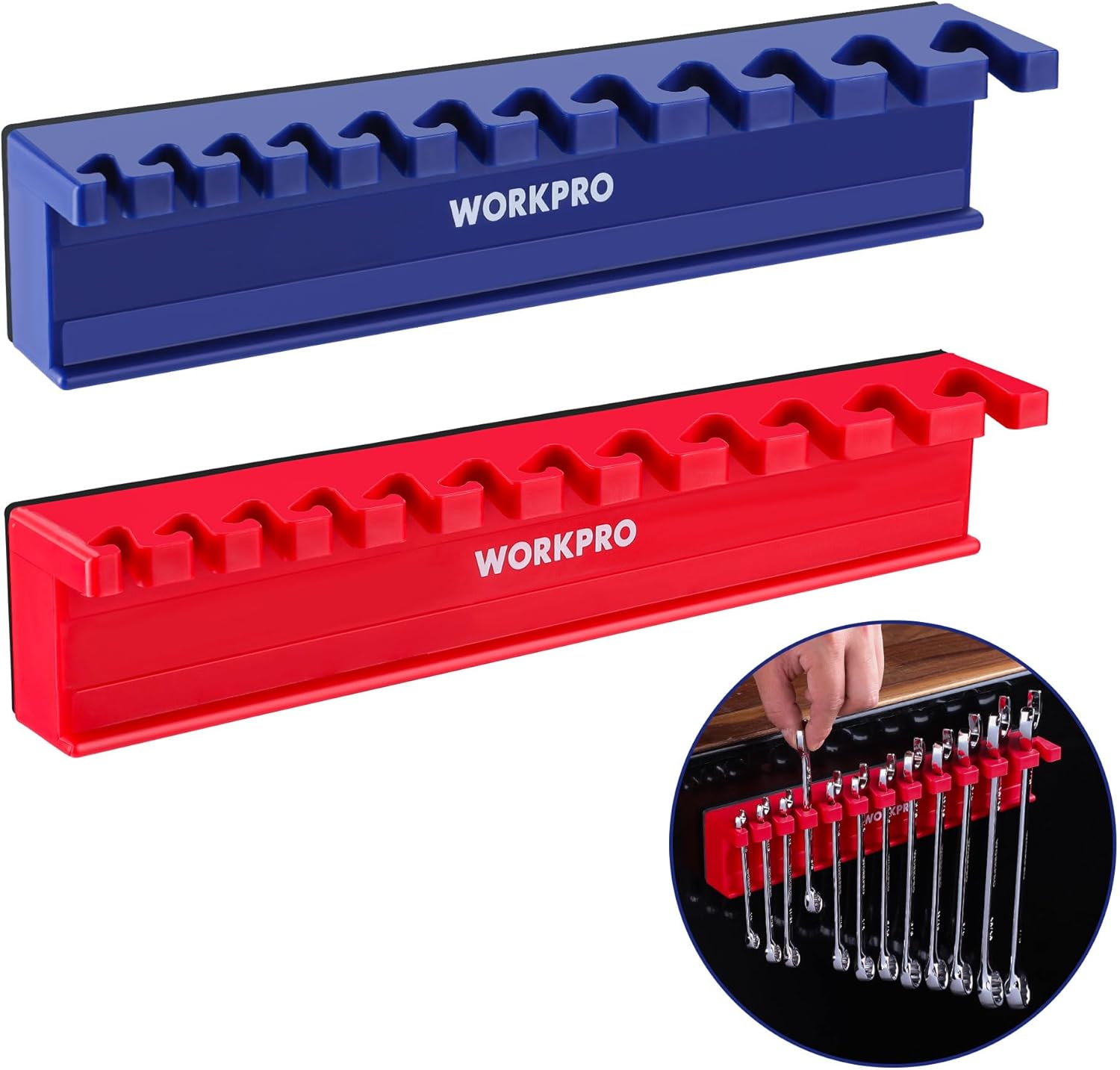 Blue and red magnetic wrench racks with raised slot rows for socket wrenches