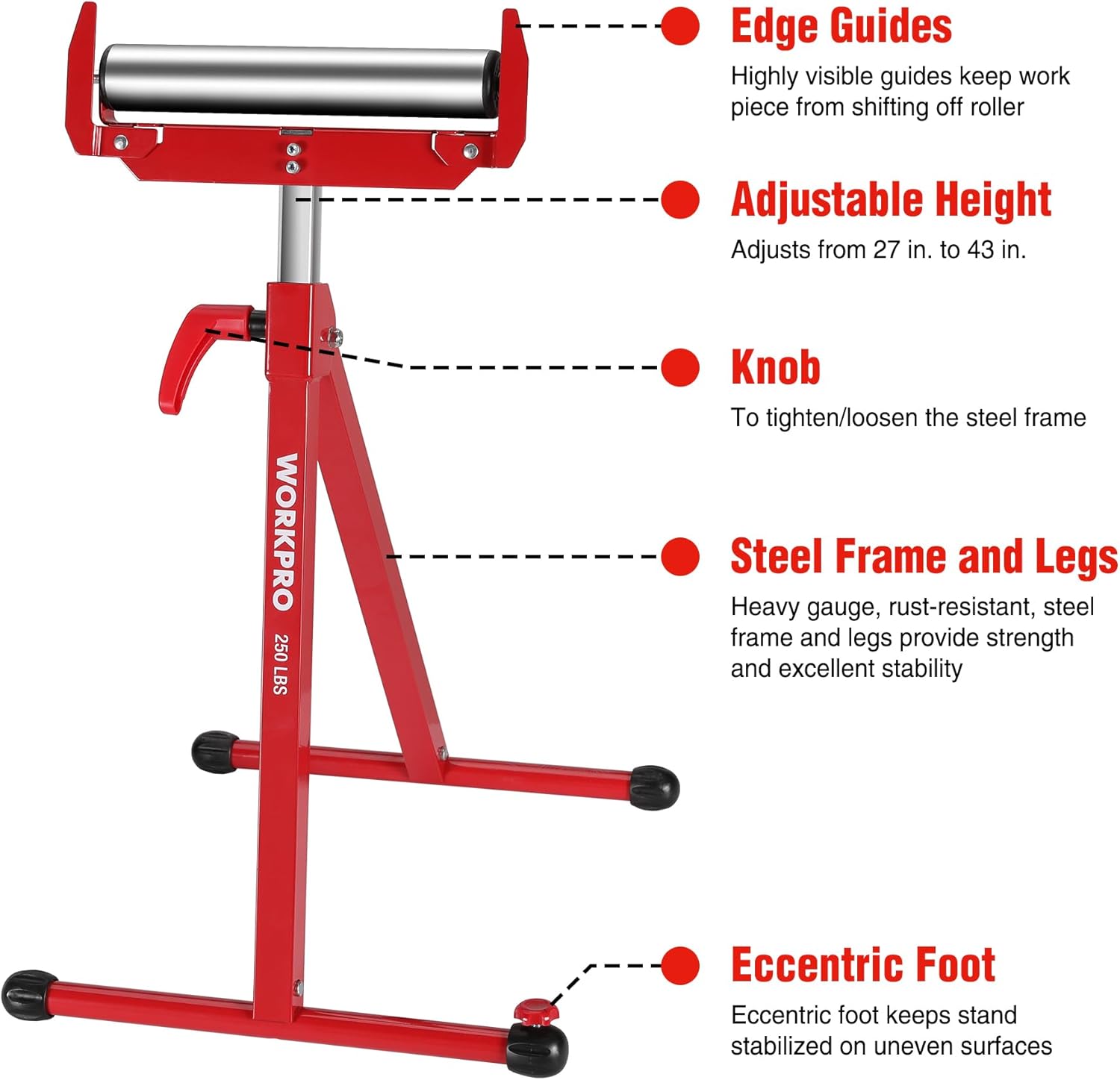 Red folding woodworking roller stand with adjustable height and steel legs, black feet