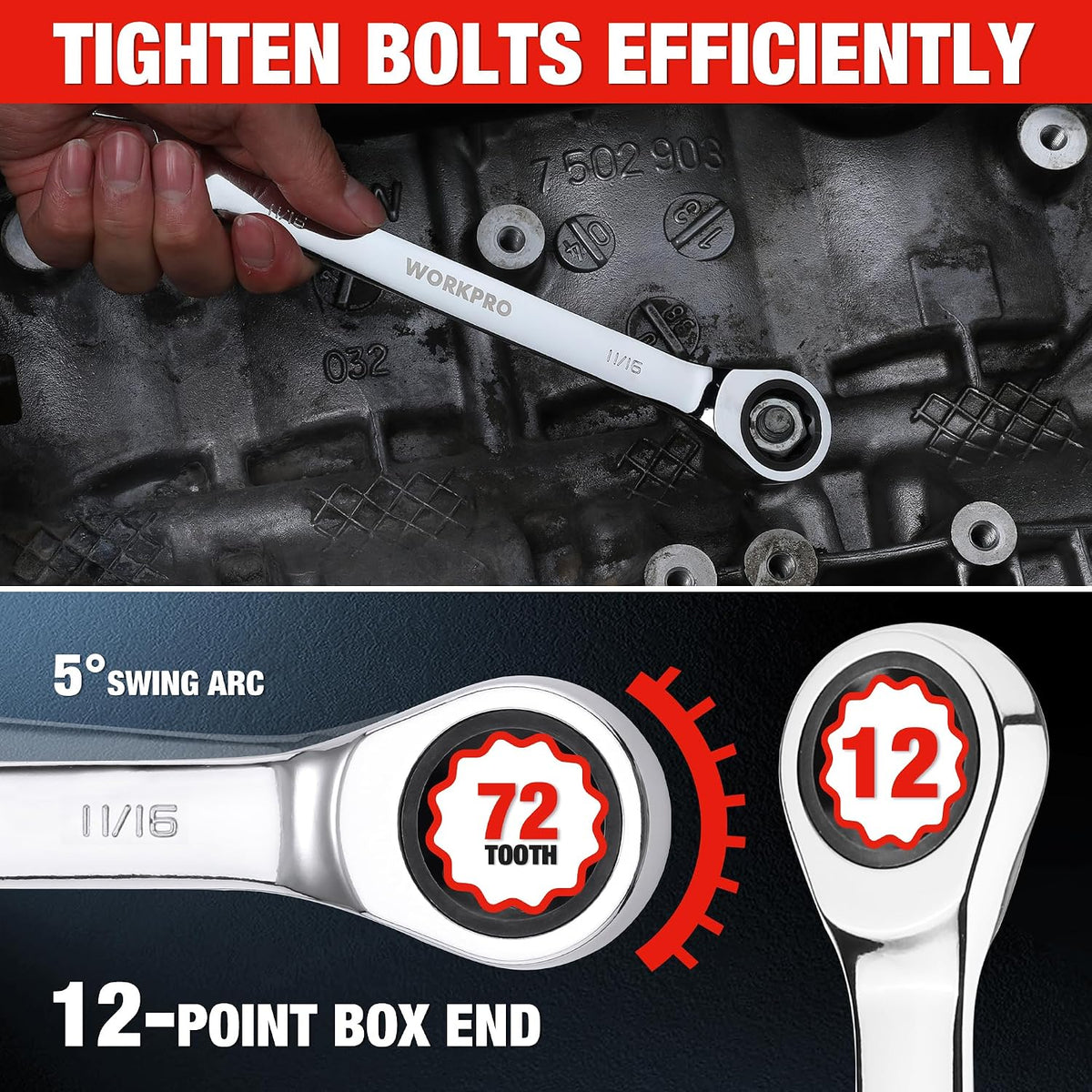 WORKPRO Ratcheting Wrench Set, SAE, 7-piece Ratcheting Combination Wrench Set, 5/16'', 3/8'', 7/16'', 1/2'', 9/16'', 5/8'', 18/16'', 12-Point, CR-V Steel, with Organizer Rack