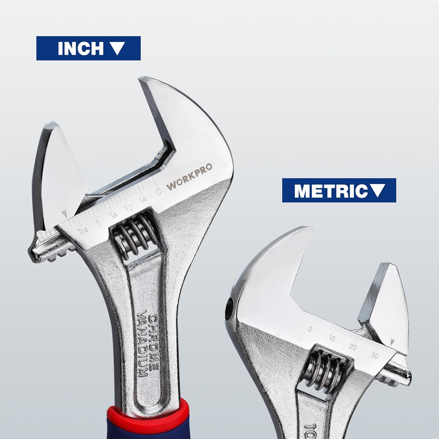 10-inch adjustable wrench with chrome jaws and metric/inch measurement scale