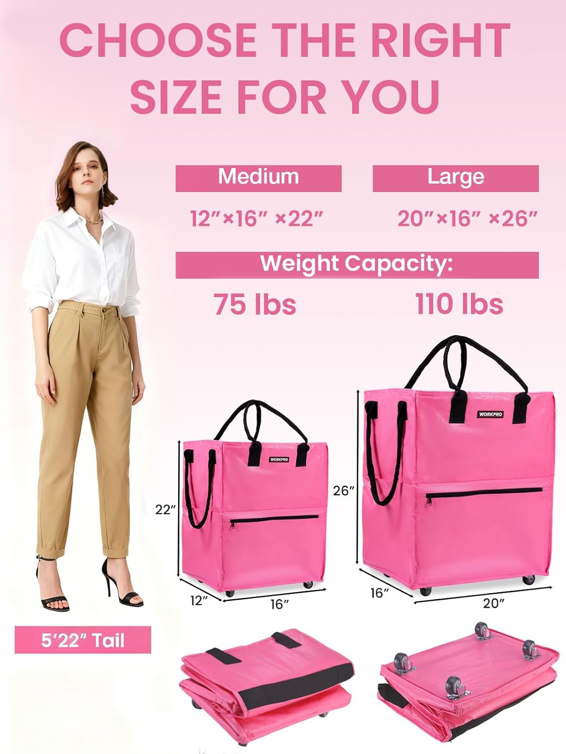 Medium pink reusable rolling grocery bag with black handles and 4 caster wheels