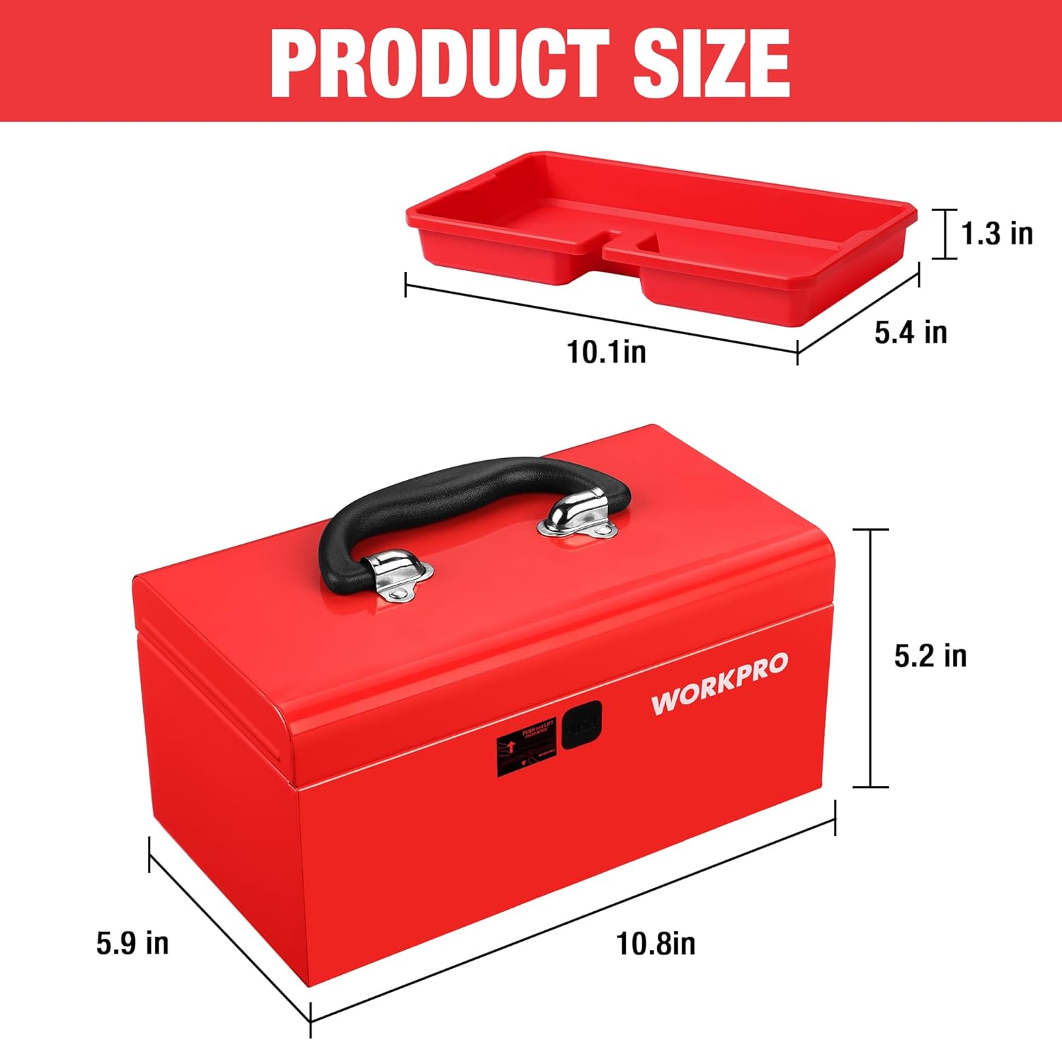 Red mini metal tool box with removable tray and black carry handle, compact storage.
