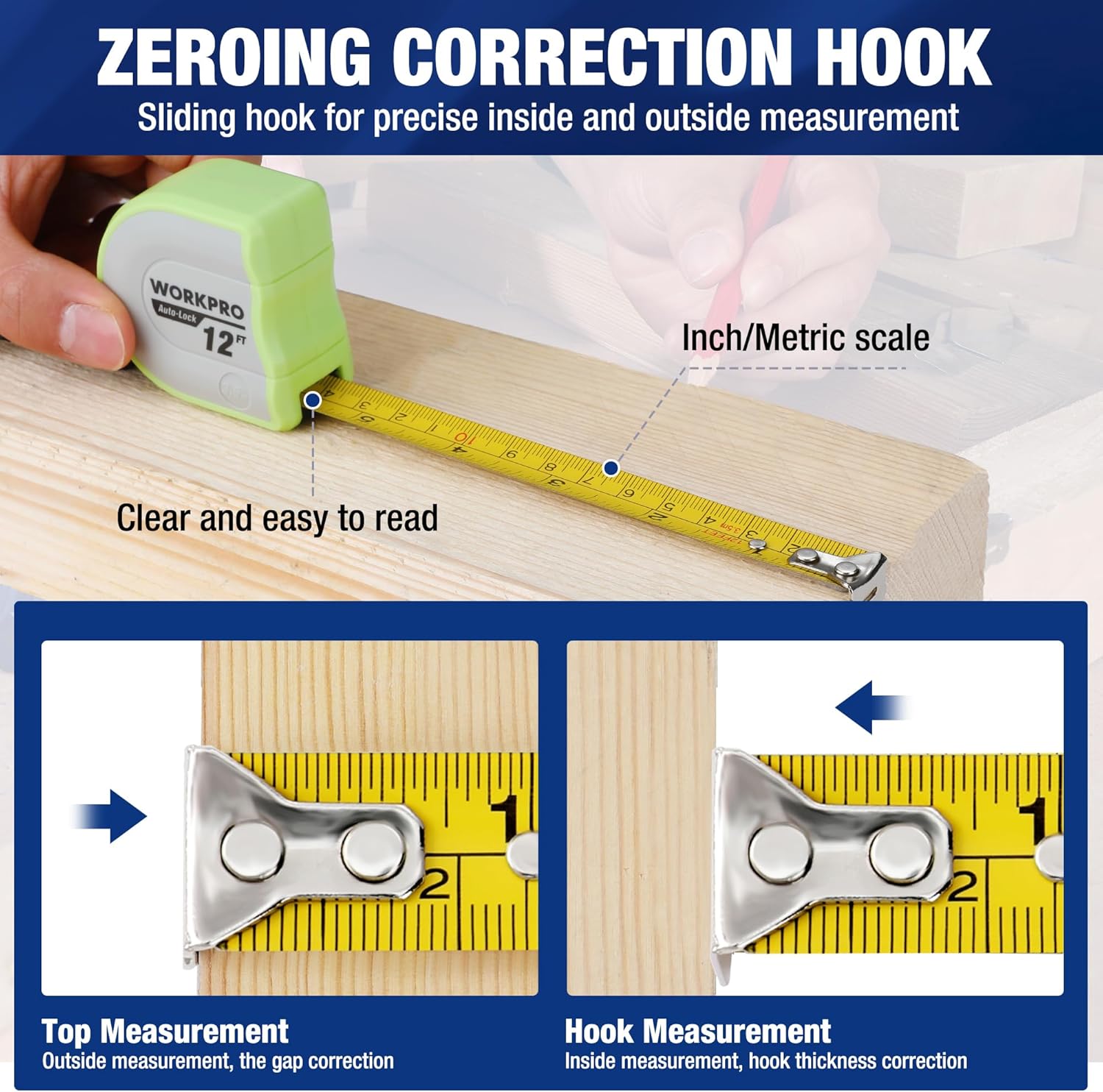 Green mini tape measure with sliding hook and inch/metric scale on work surface