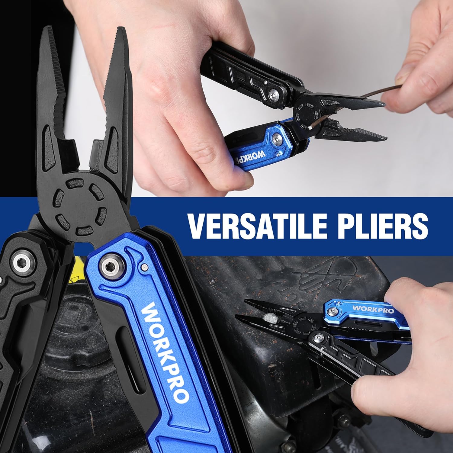 Blue and black folding pliers multitool with open knife and screwdriver details