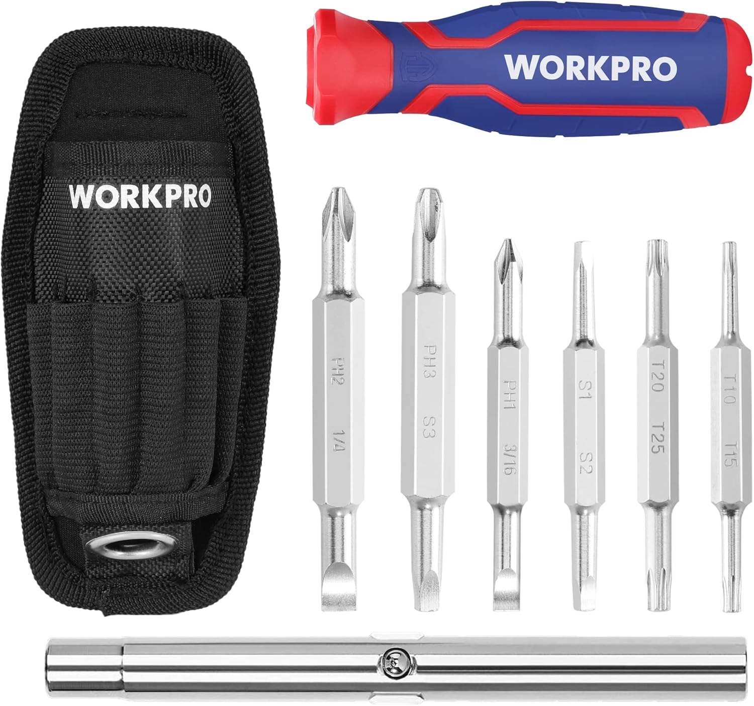 Black holster with multi-bit screwdriver bits and matching red blue handle