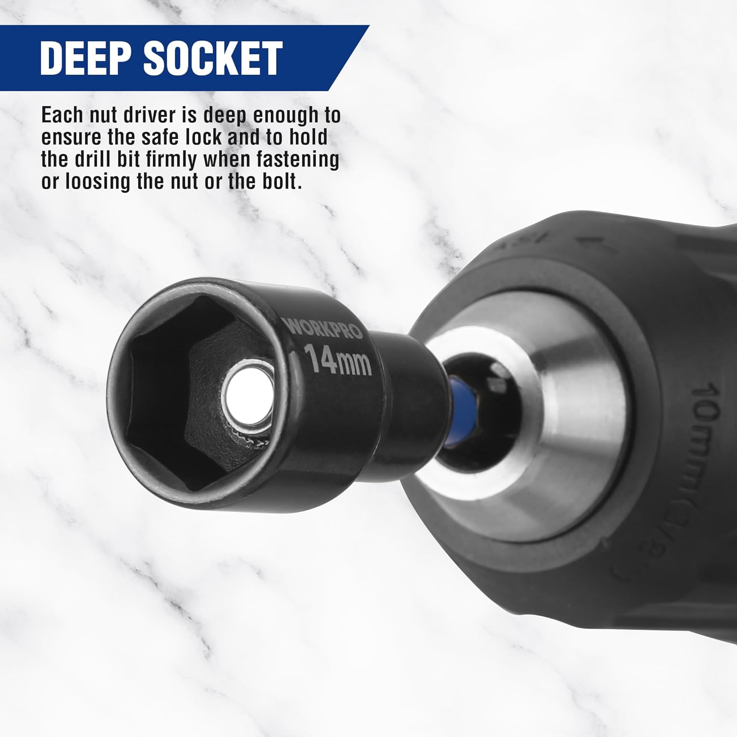 Deep magnetic nut driver socket with hex shank, designed for secure nut or bolt fit