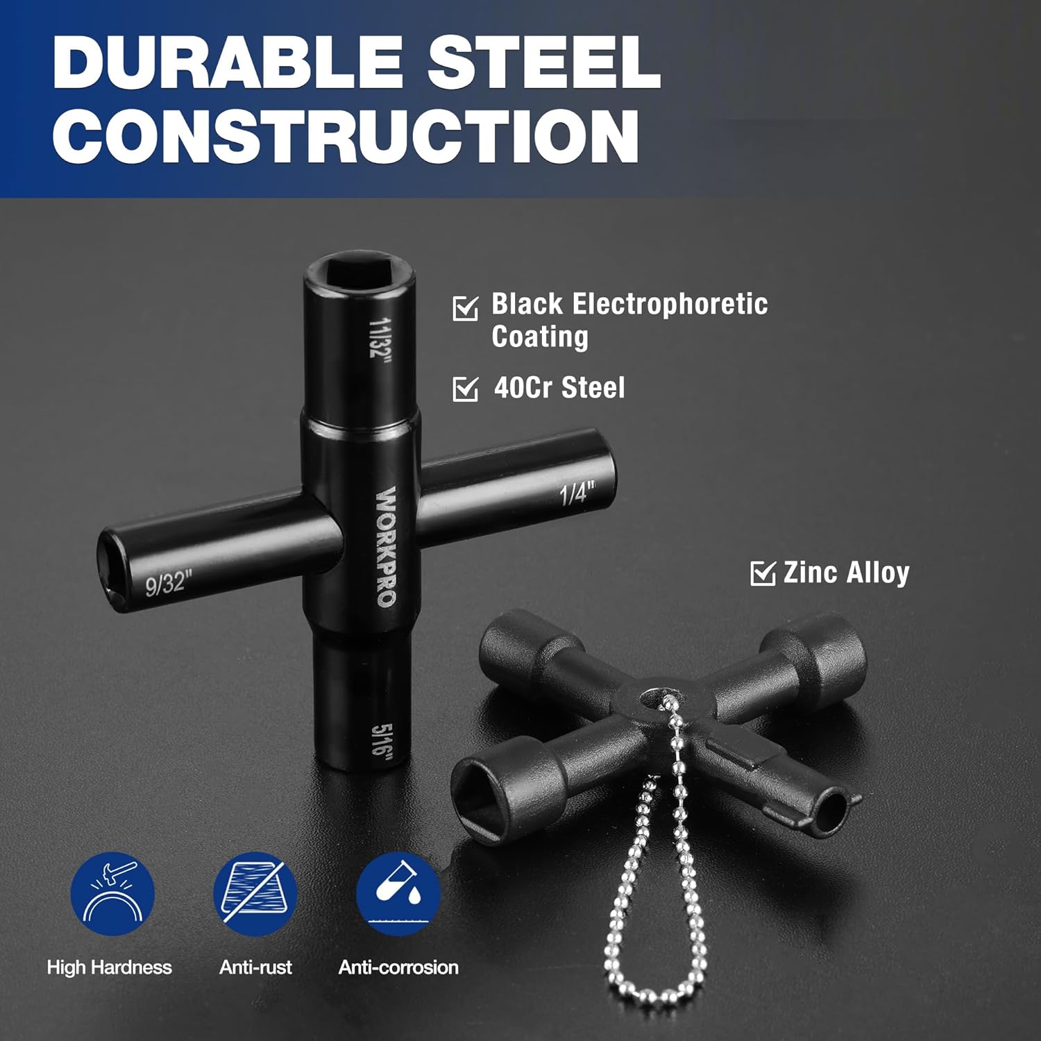 Black 4-way water valve key wrench with WORKPRO branding and hanging bead chain