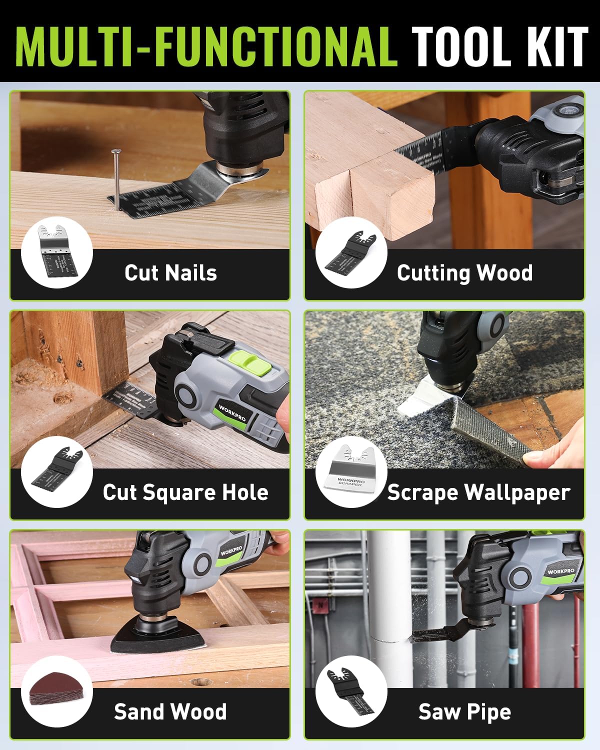 Oscillating tool kit with blades for cutting wood, sanding, and scraping wallpaper