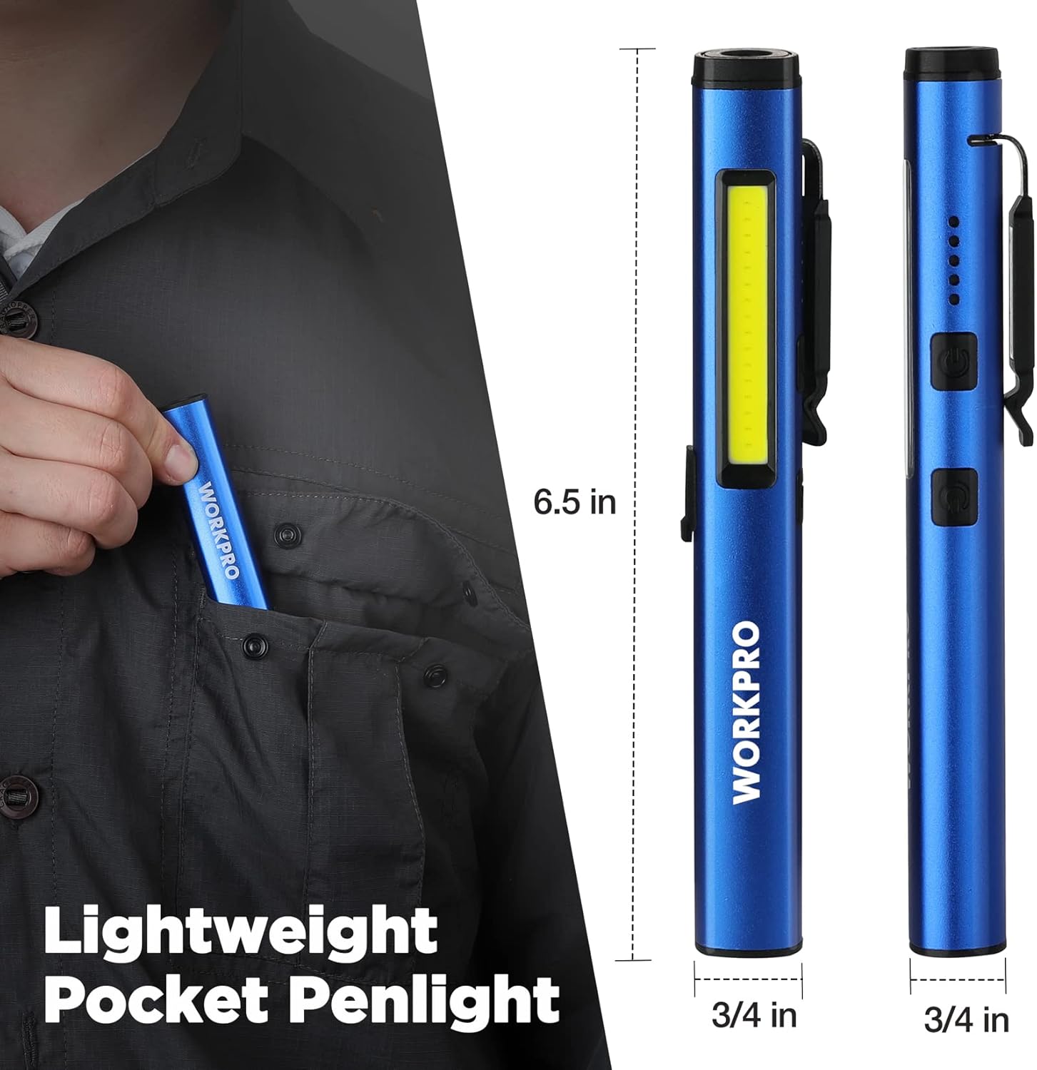 Blue pocket penlight with yellow LED panel and magnetic clip, slim rechargeable flashlight