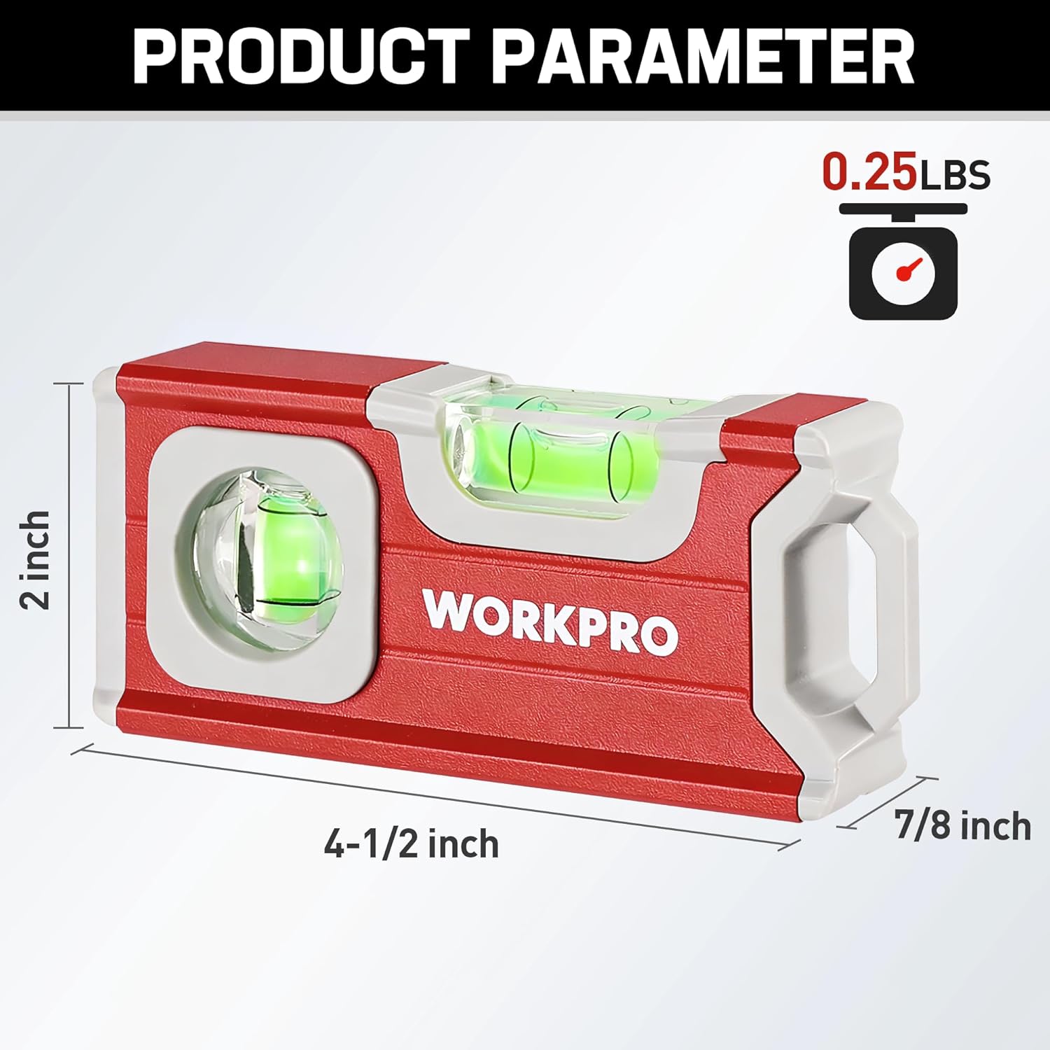 Red aluminum mini pocket level with two green bubbles for 90° and 180° checking