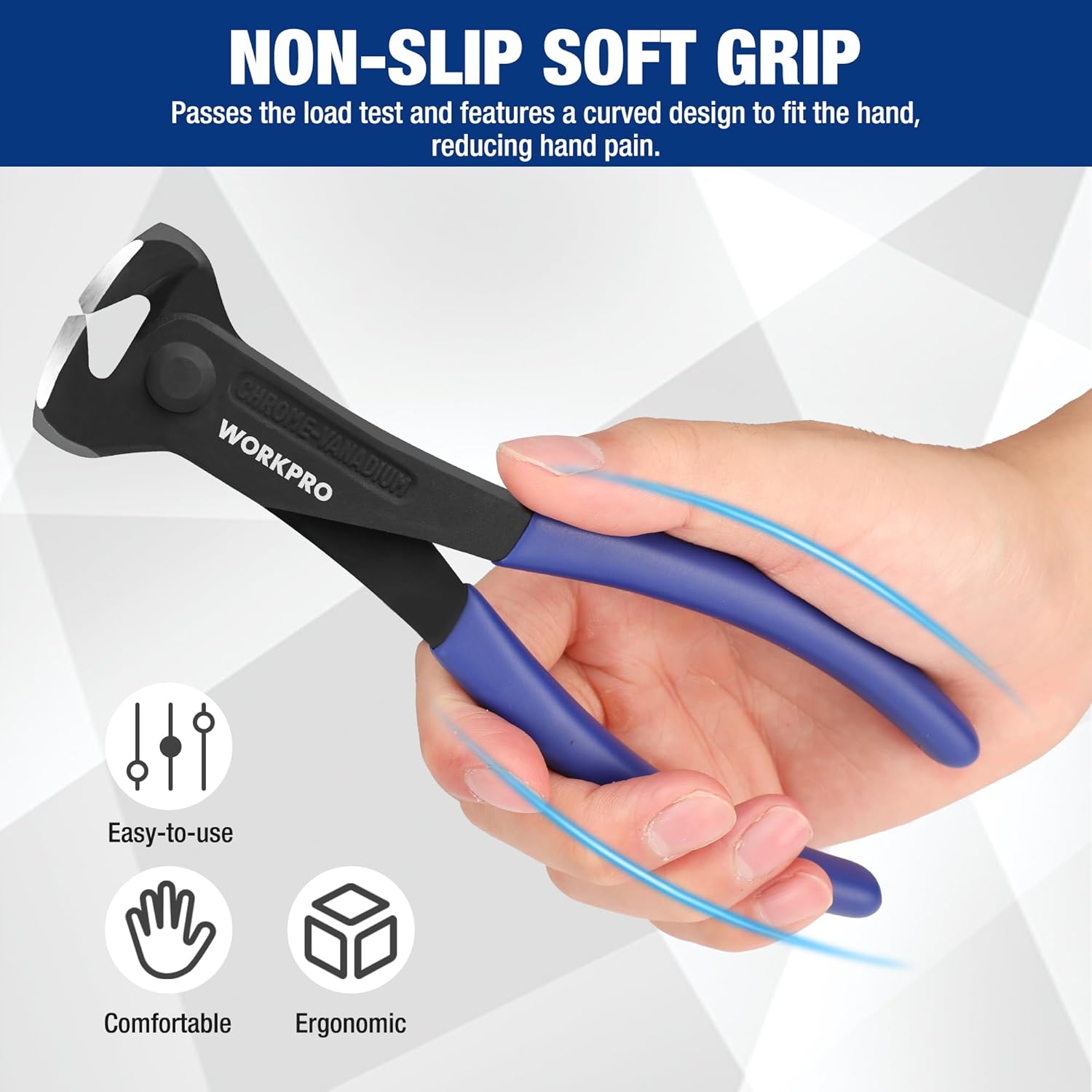 Hand holding WORKPRO non-slip end cutting pliers with blue grips and black handle.