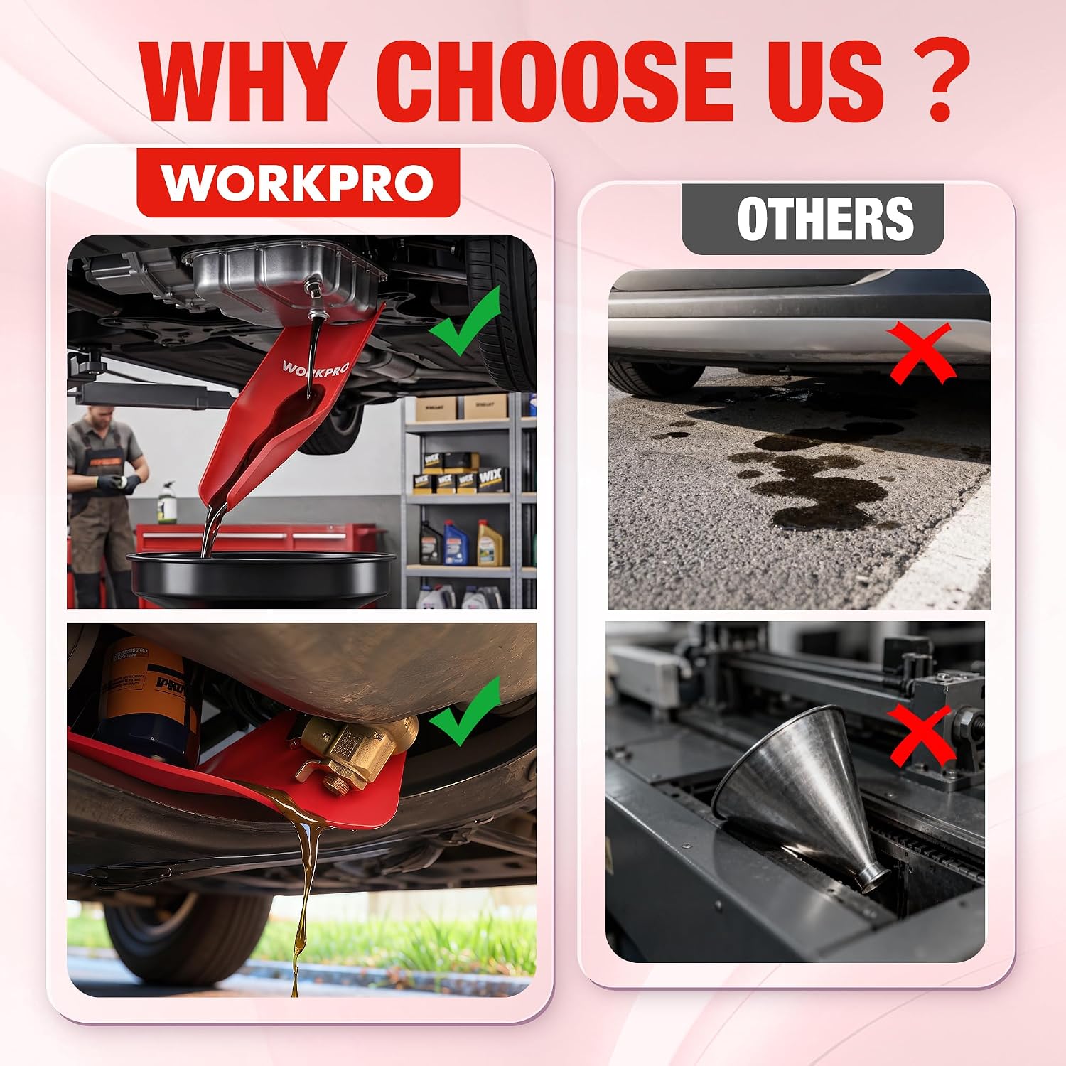 WORKPRO red flexible oil funnel positioned under a vehicle for oil change