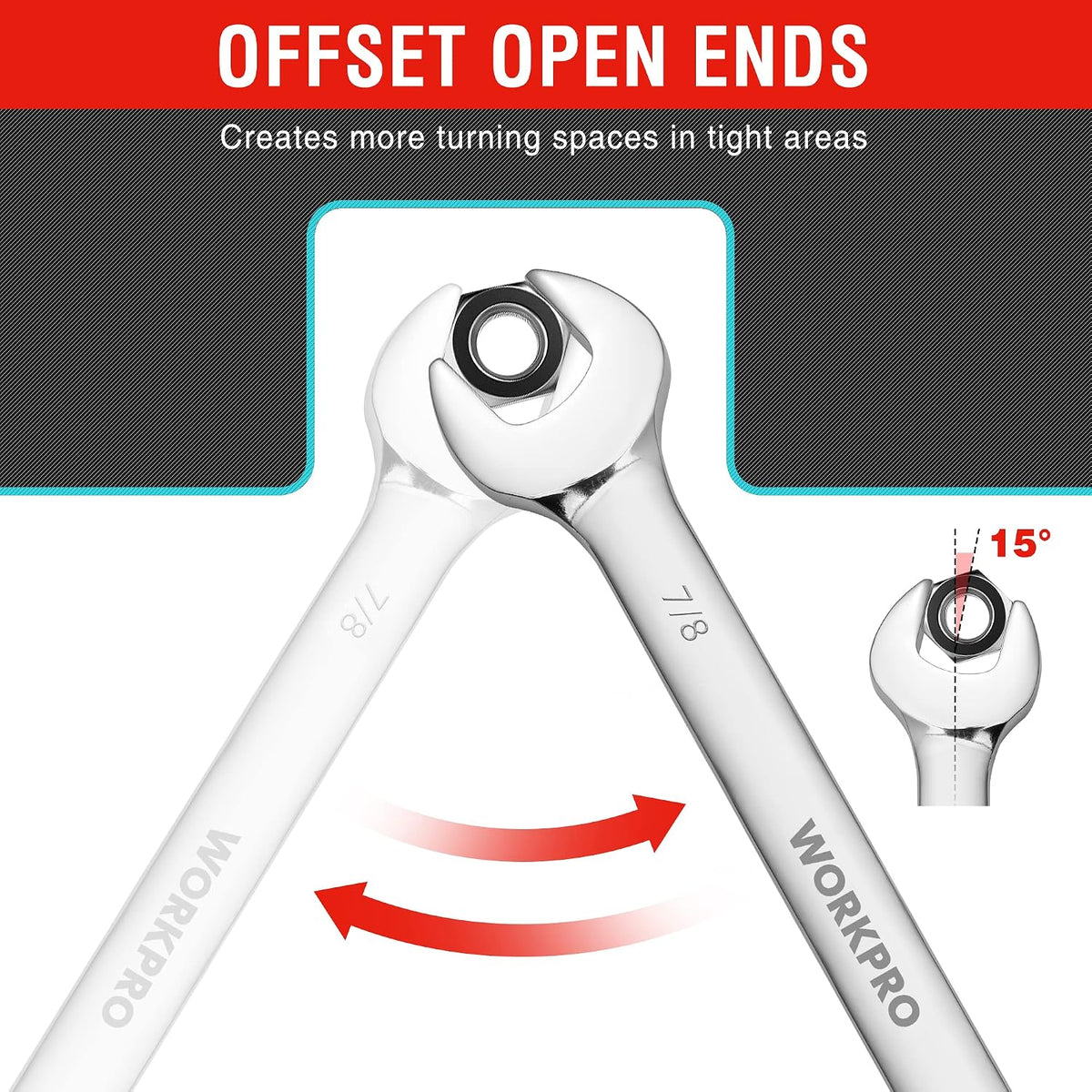 Offset open-end combination wrench for tight areas, 15° box end, chrome finish