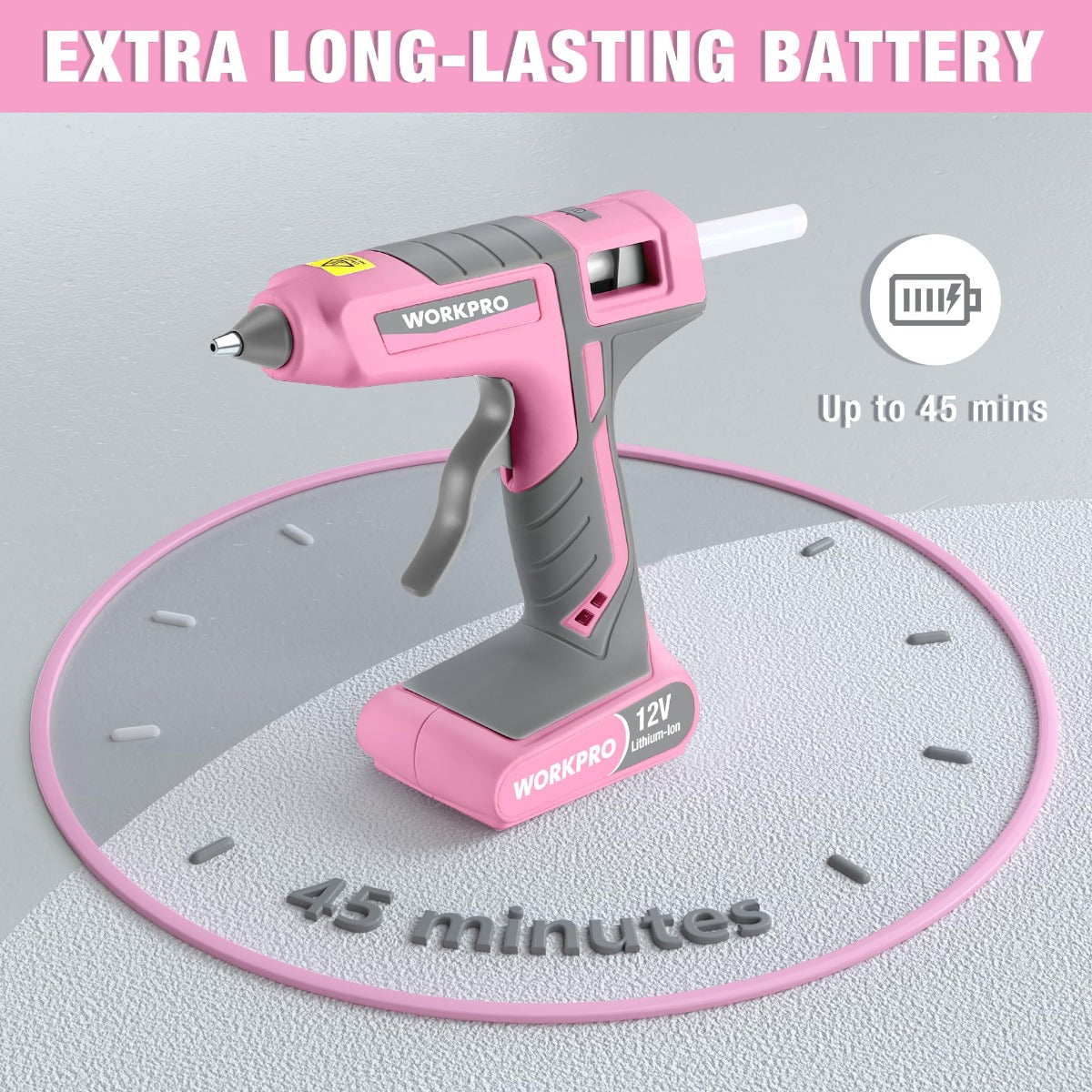 Pink 12V rechargeable hot melt glue gun shown with grip and charging base