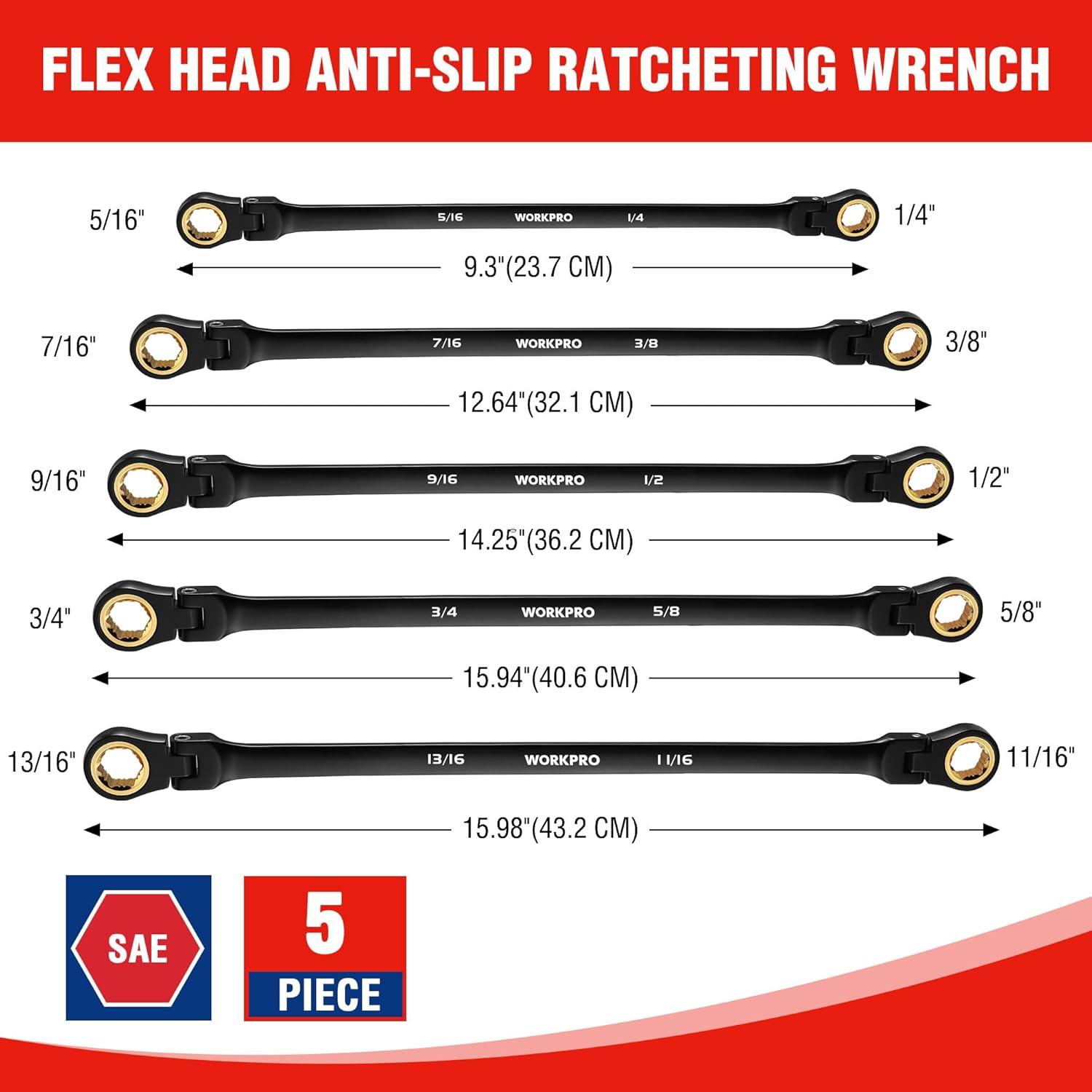 Five-piece flex-head ratcheting wrench set with SAE sizes, varying lengths, black finish