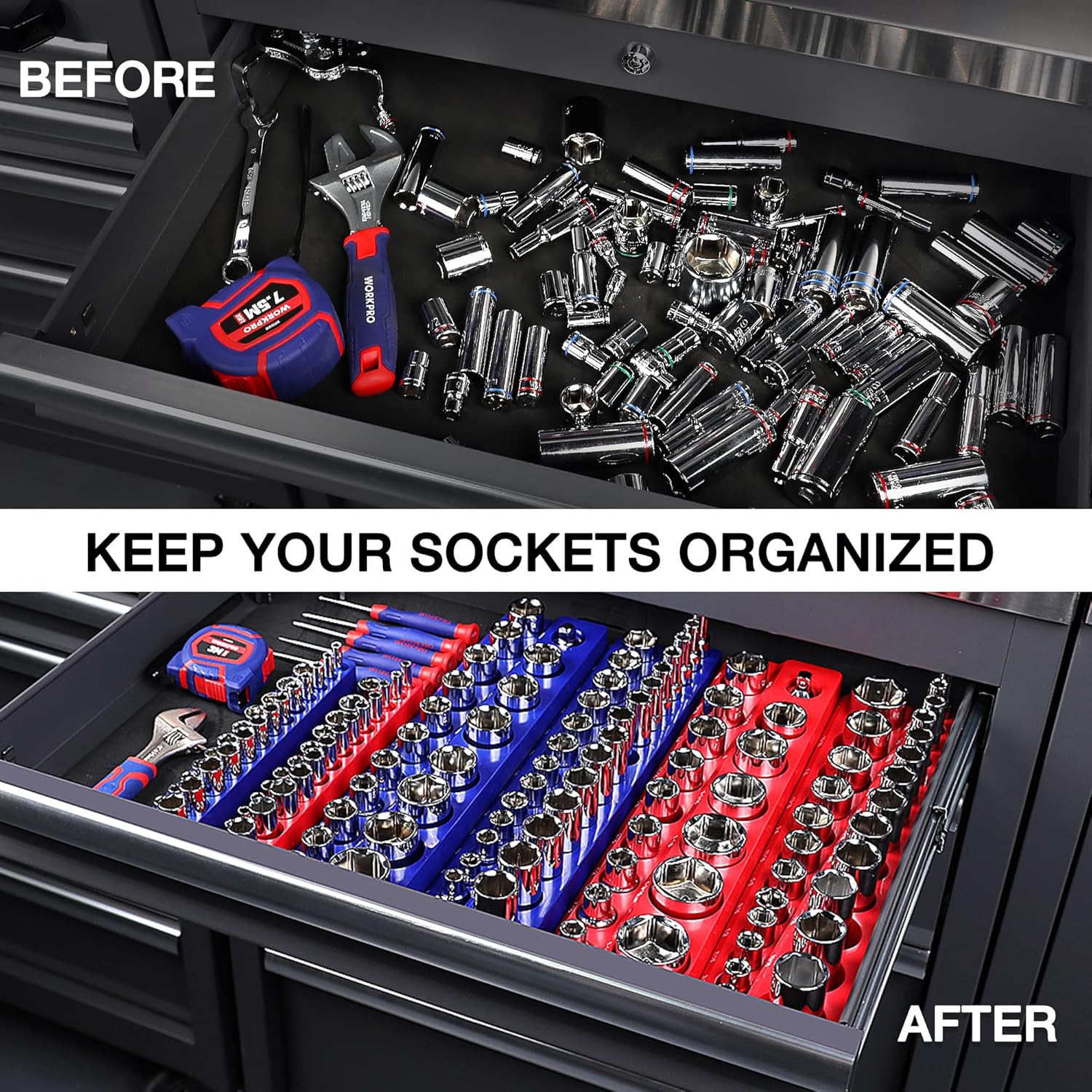 Magnetic socket organizer tray in a tool drawer holding chrome sockets