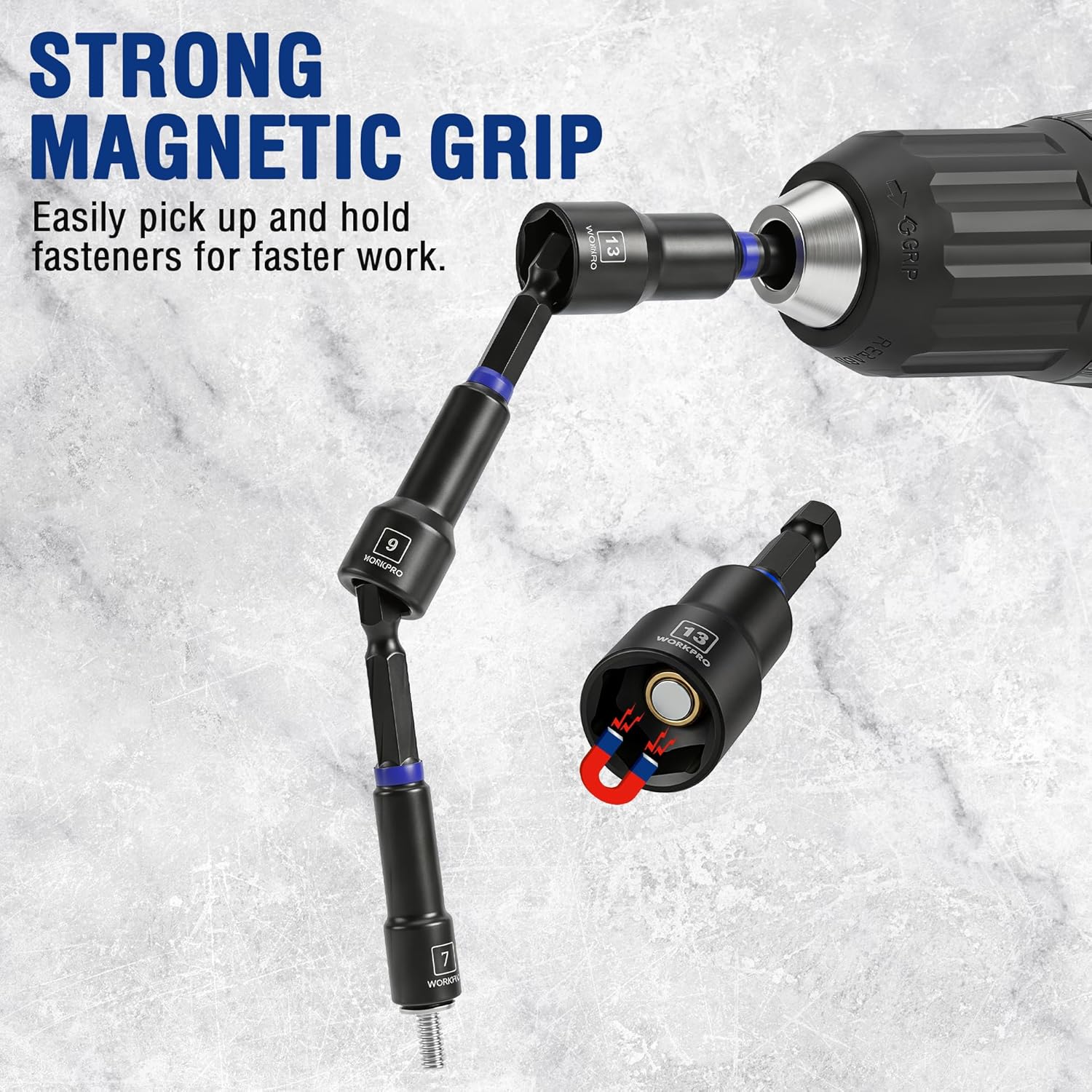 Magnetic grip nut driver with compact handle and hex bit tips