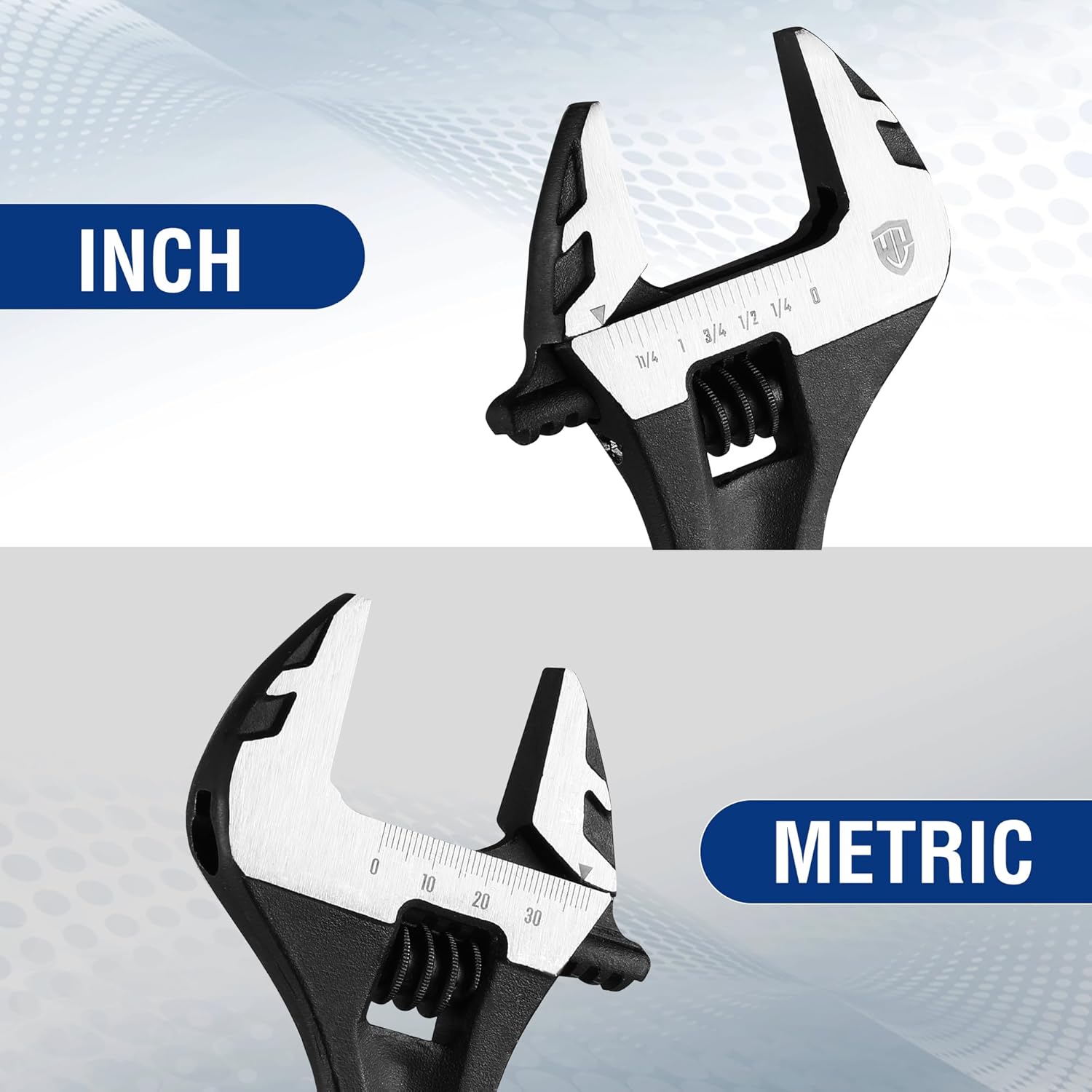 Adjustable wrench with inch scale on silver jaw and black grip handle