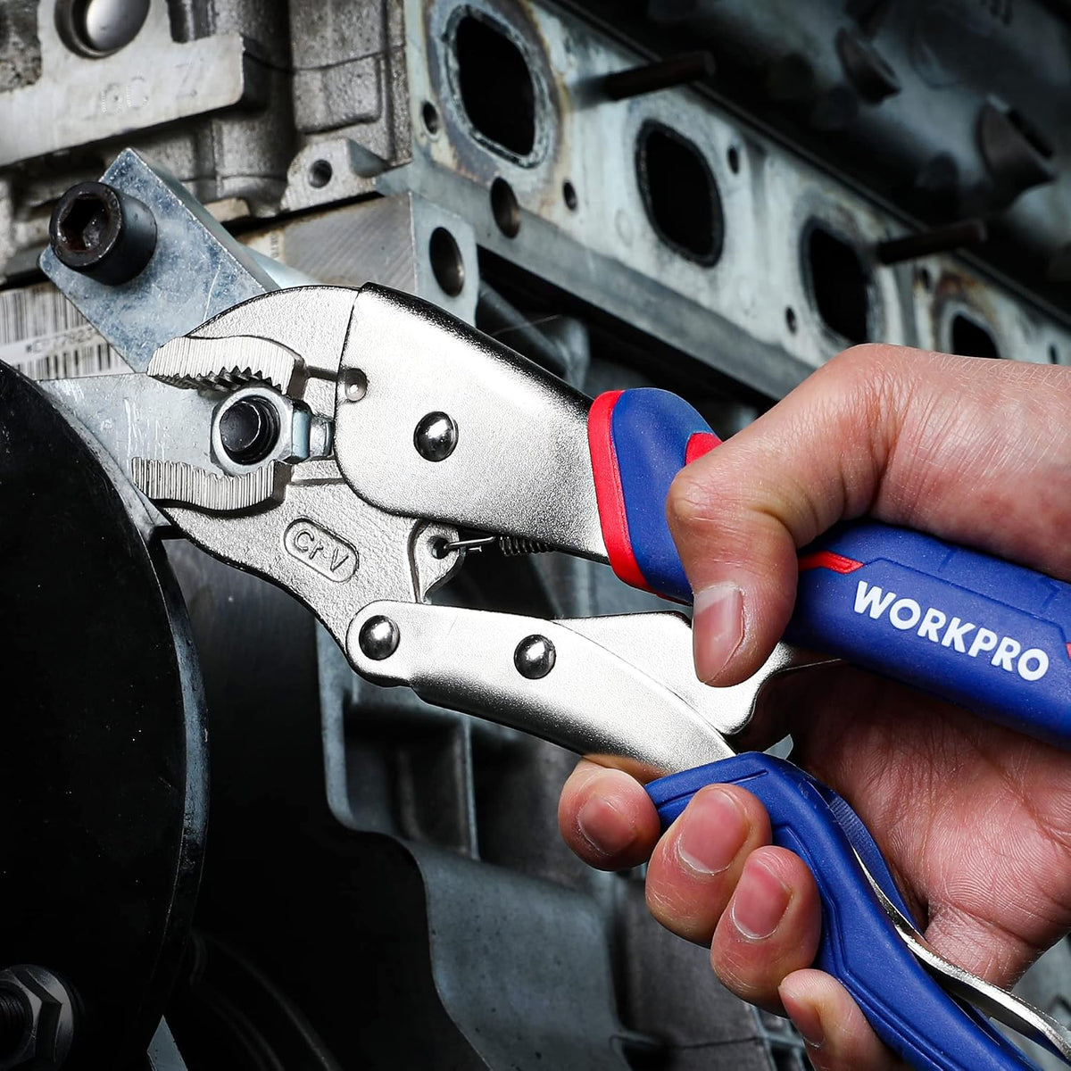 Workpro 4-piece locking pliers set in blue and red, shown gripping metal with a secure, firm hold.