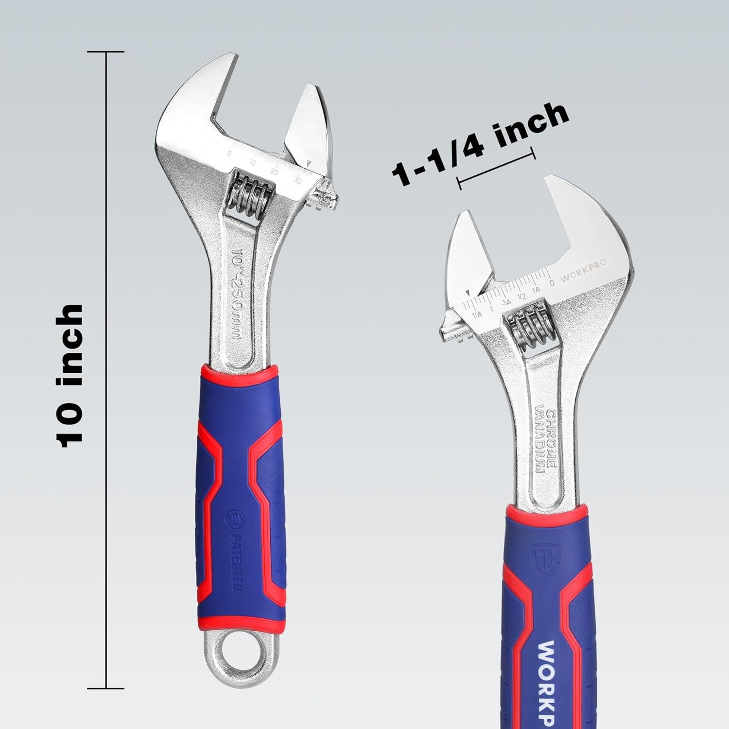 10-inch adjustable wrench with wide jaw and rubber anti-slip TPR grip