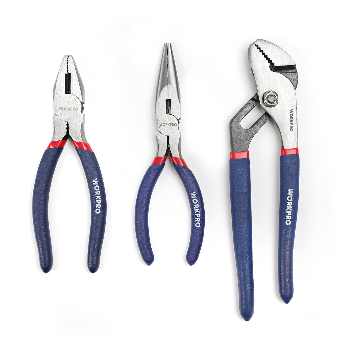 Three assorted pliers with blue grips and silver jaws