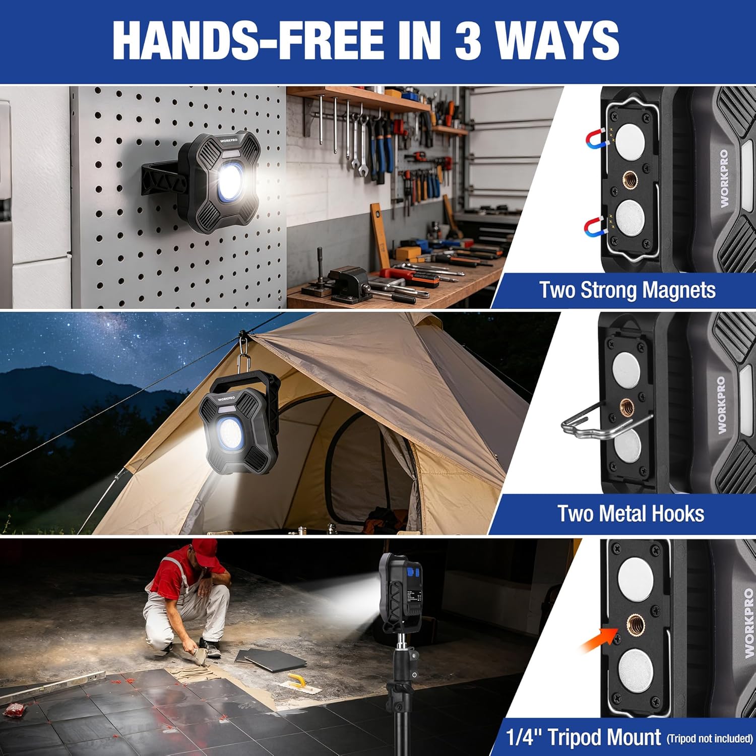 Portable LED work light with magnetic back and metal hooks, black housing with circular lens
