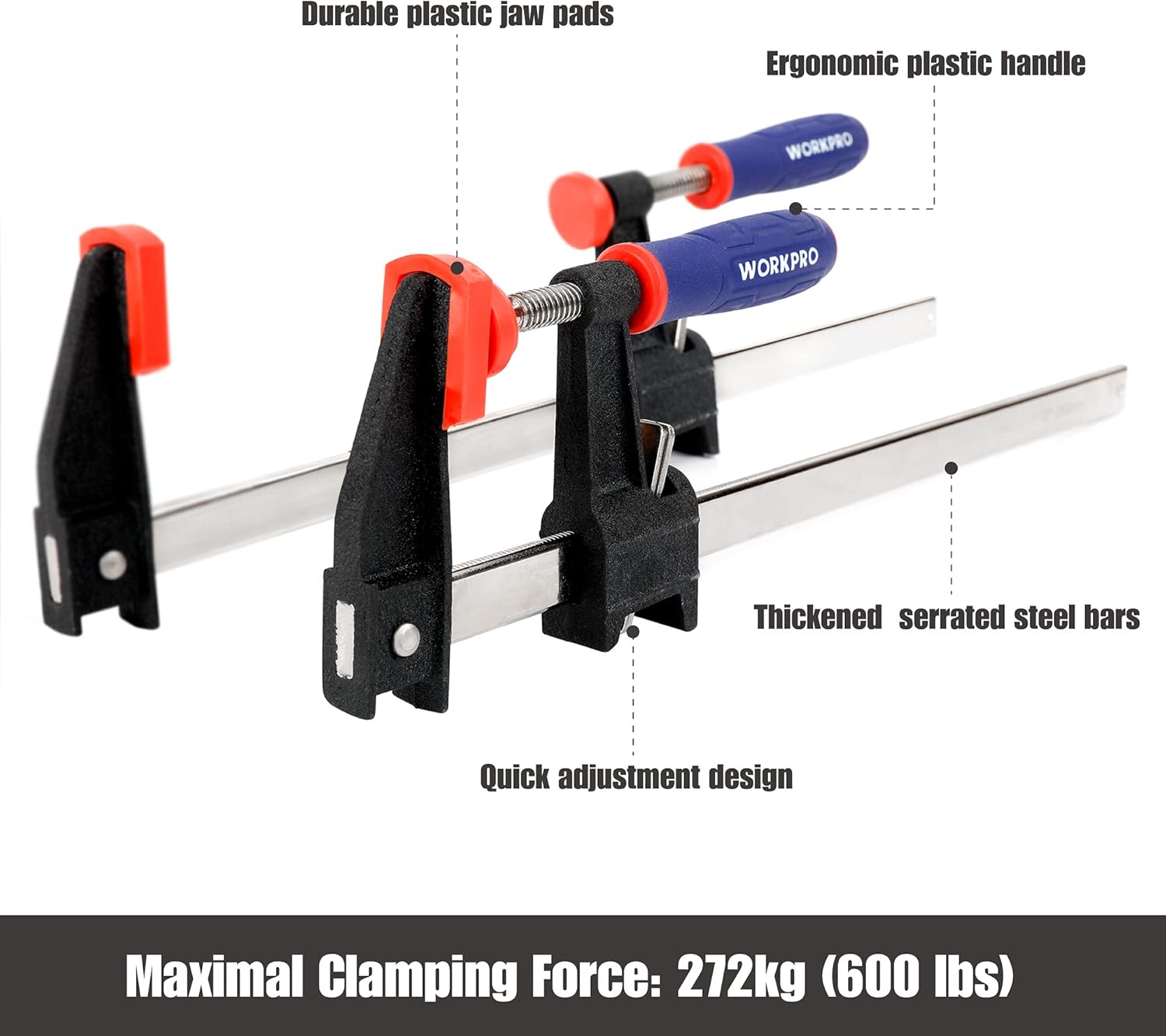 Quick-release bar clamps with ergonomic handle, micro-adjust, serrated steel bars, pads