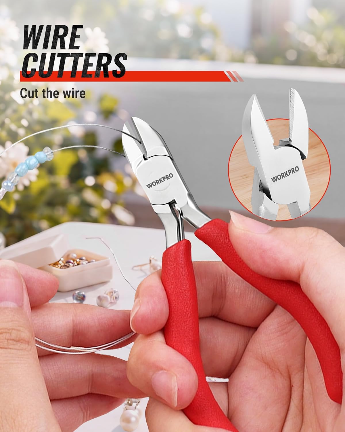 WORKPRO 7-piece jewelry pliers set with pouch in red and silver, shown cutting wire with needle nose pliers