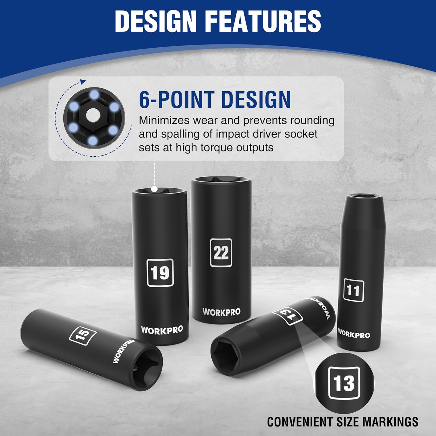 Black 6-point deep impact sockets with metric markings, set of sockets together