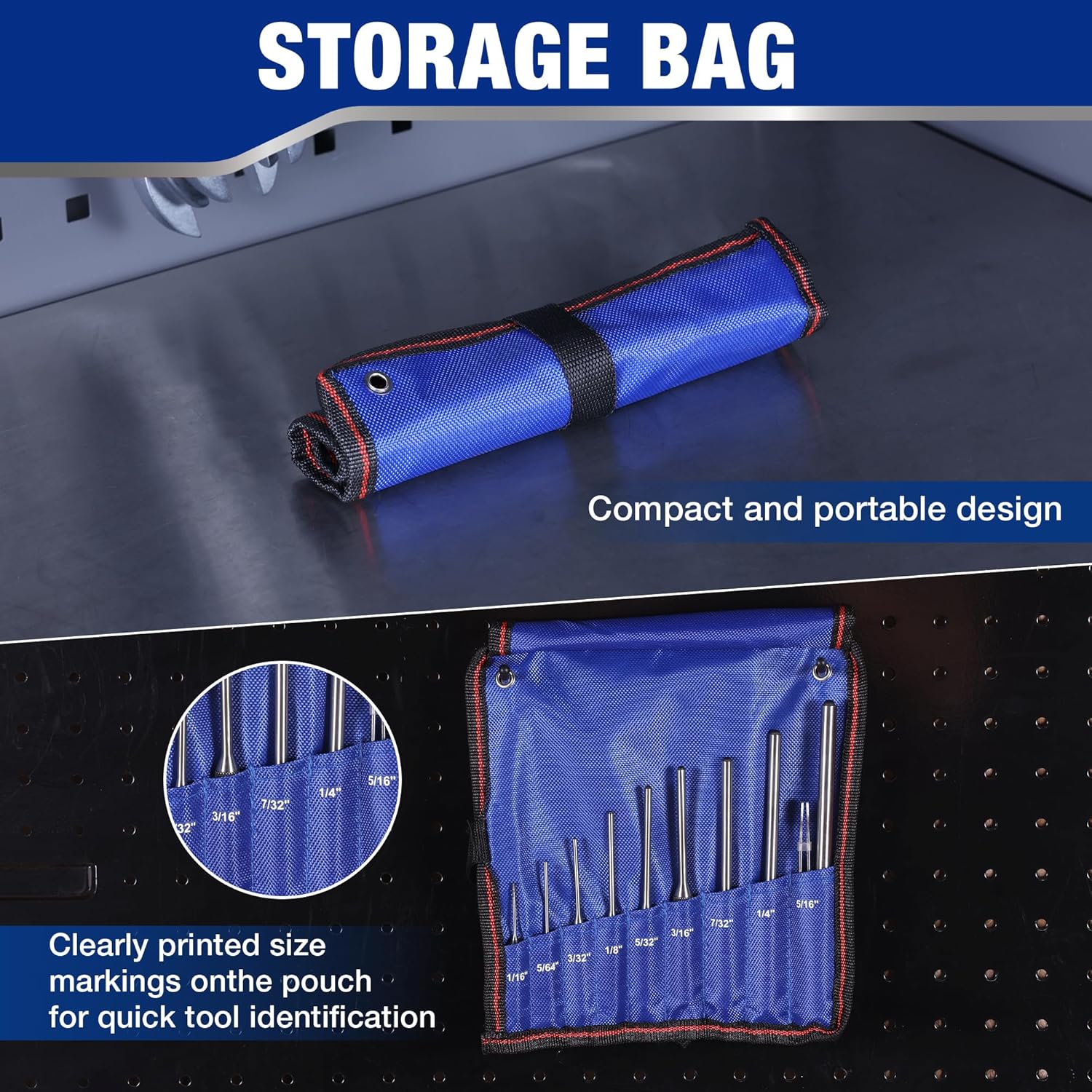 Blue nylon storage pouch with elastic slots for roll pin punches and tweezers
