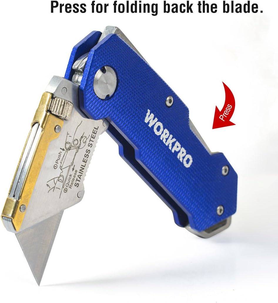 Folding utility knife with blue handle and stainless blade, locking latch visible