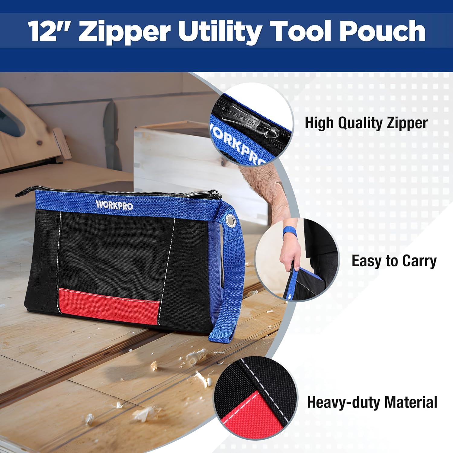 Blue-and-black 12-inch zipper utility tool pouch with side carry handle and reinforced seams