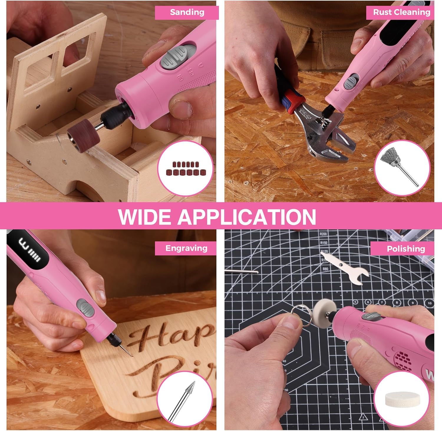 Pink rotary tool working on wood with sanding and engraving accessories