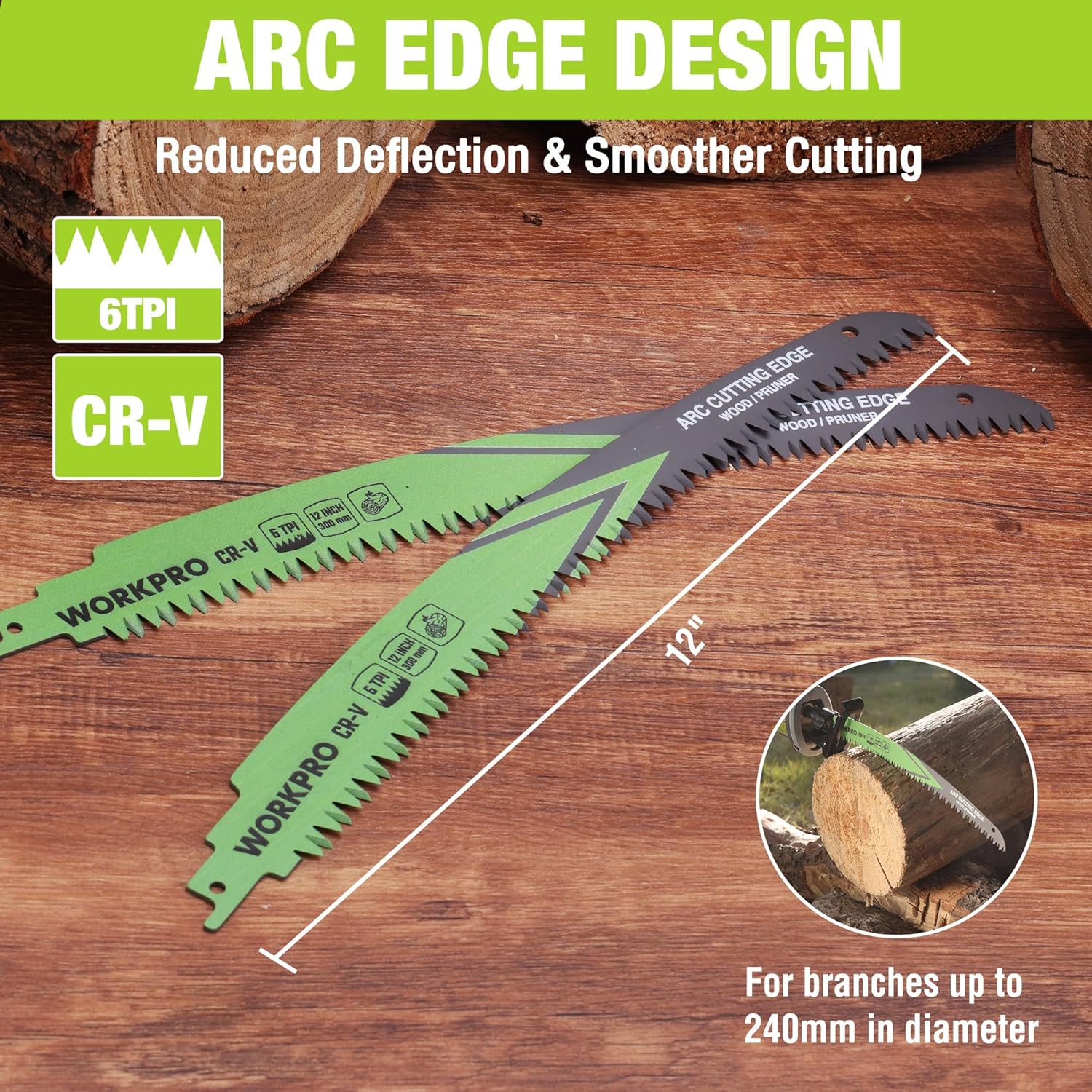 WORKPRO 12-inch 6TPI arc-edge reciprocating saw blade, green and black serrated edge