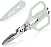 Green heavy-duty titanium-plated kitchen scissors with protective sheath, serrated blades
