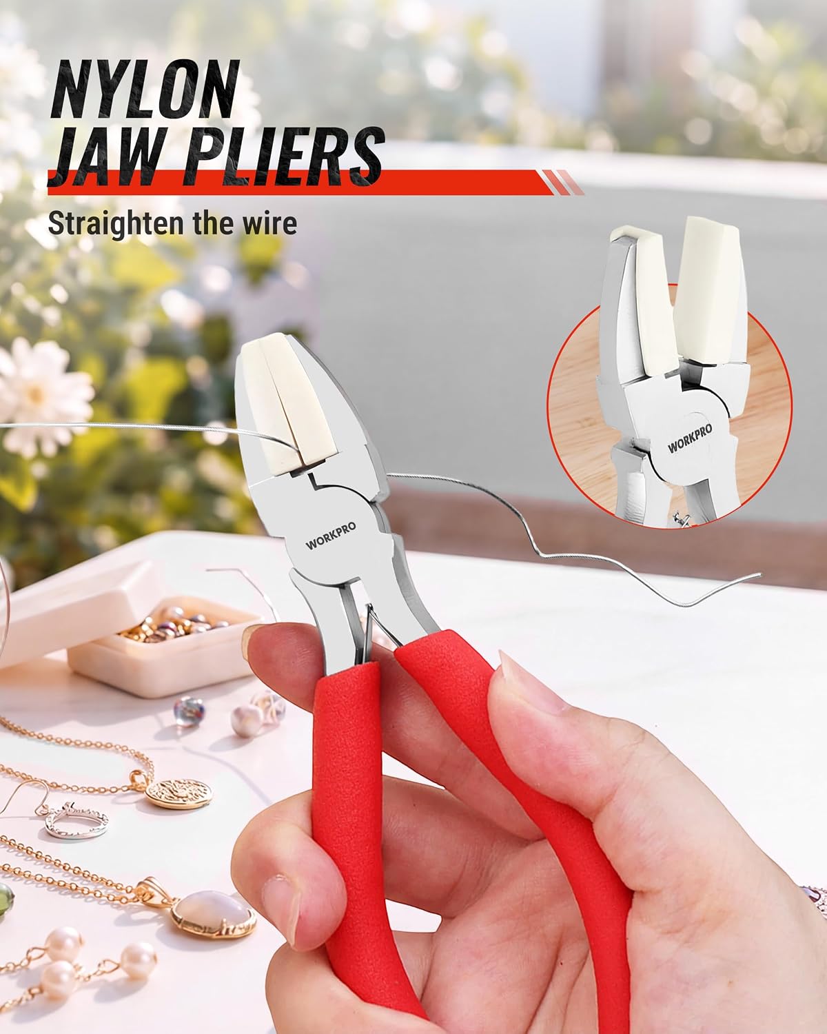WORKPRO 7-piece jewelry pliers set with pouch, red and silver handles, shown straightening wire with pliers