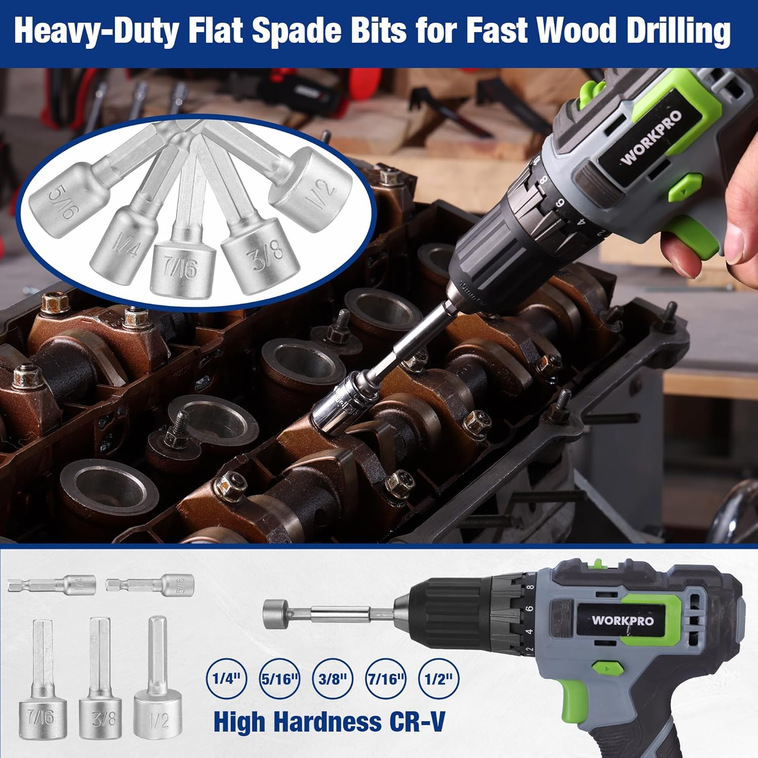 WORKPRO flat spade drill bits and impact driver in use for fast wood drilling