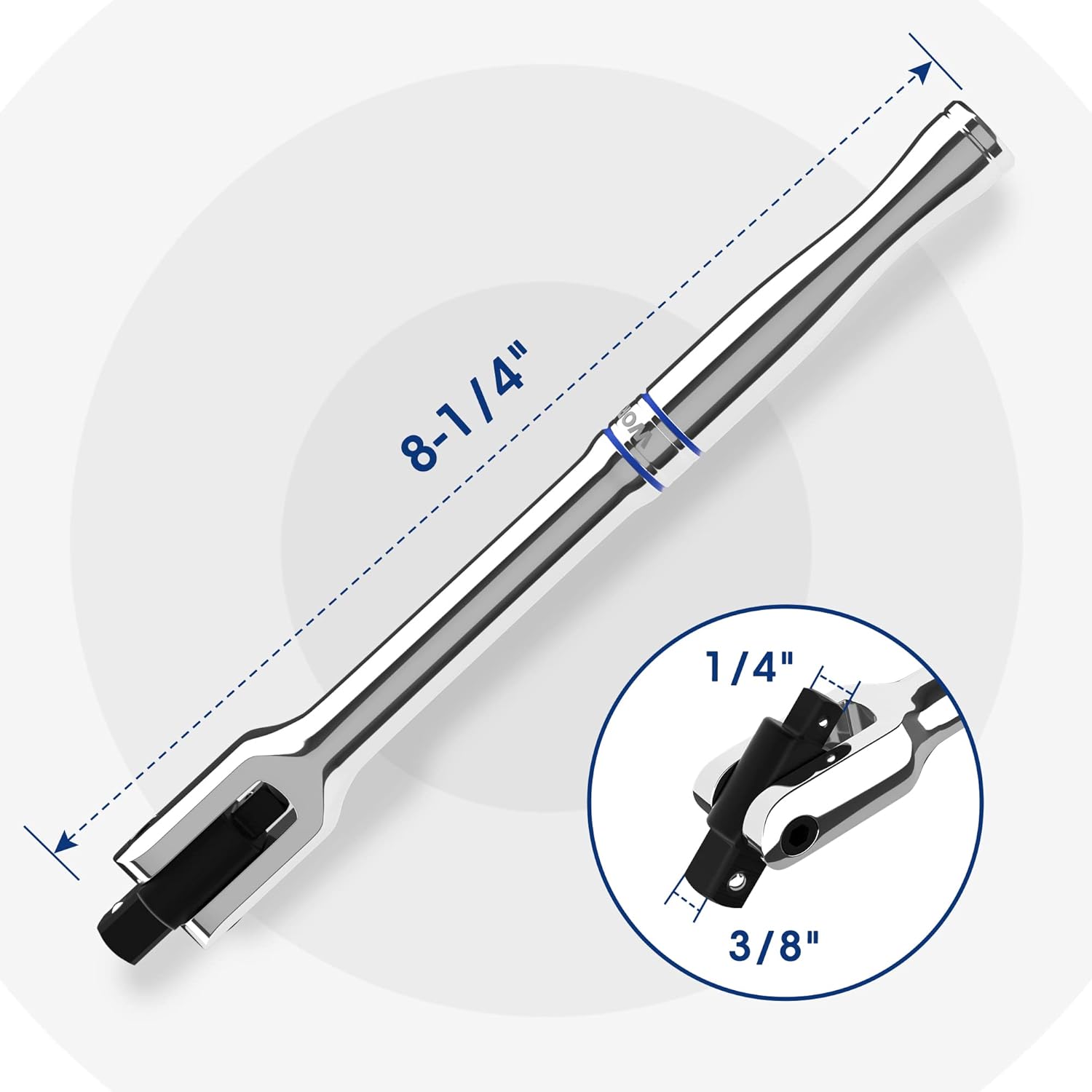 Chrome breaker bar with black dual-drive head for 3/8 in and 1/4 in sockets, 8 in