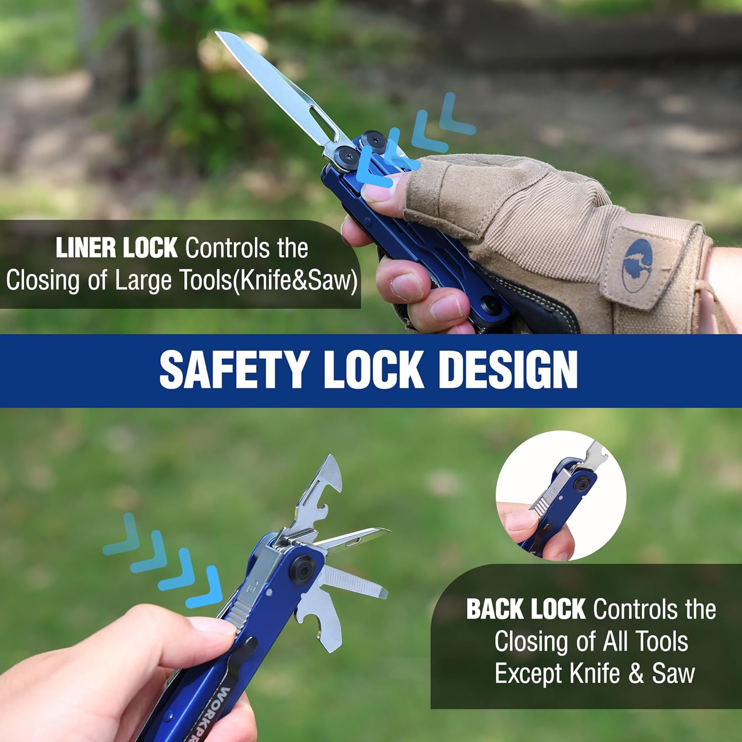 Blue multitool with knife and saw, safety lock design shown while held in hand