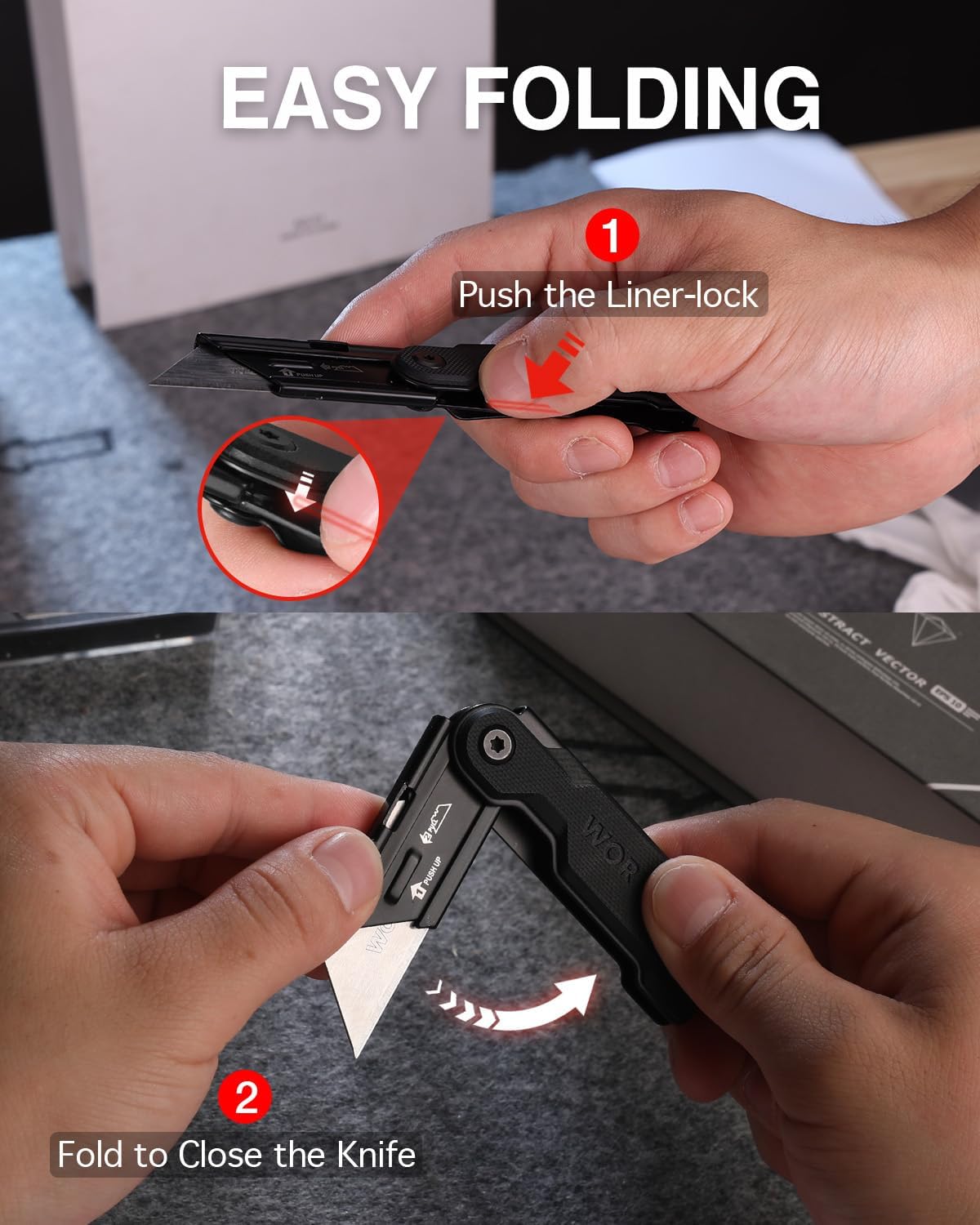 Black folding utility knife in use, folded to close with line-lock action