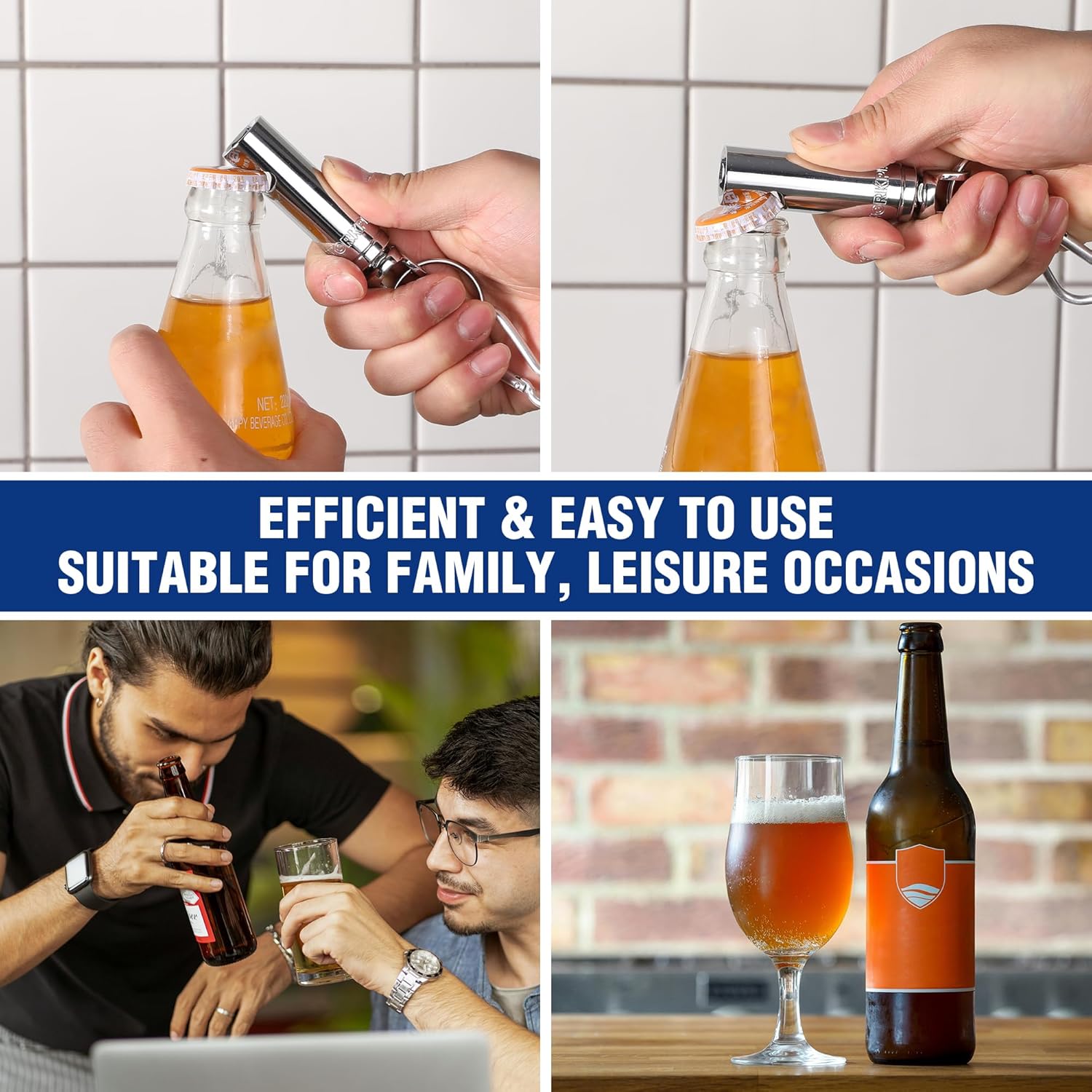 Socket bottle opener with chrome-silver head and ring tool for opening bottle caps