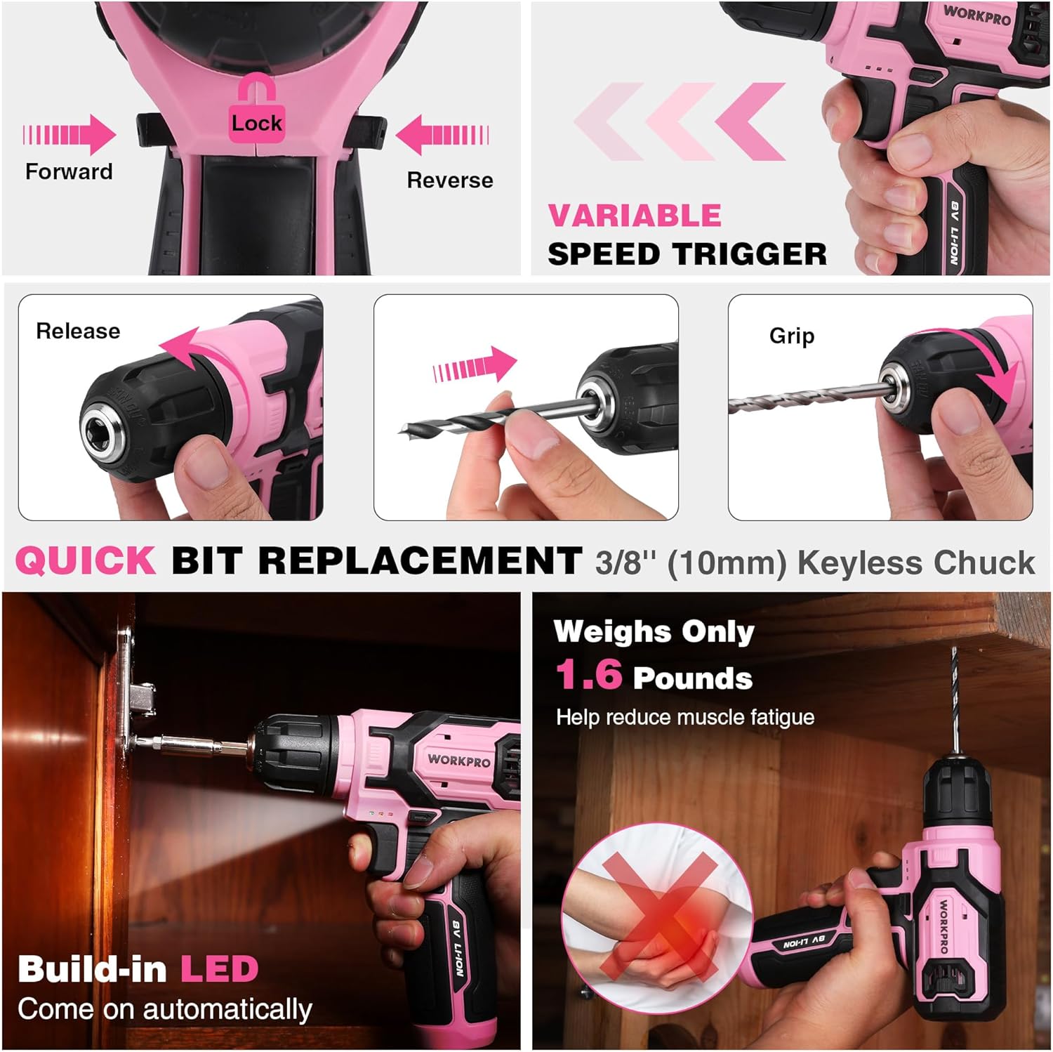 Pink cordless drill with forward/reverse controls and quick bit replacement keyless chuck