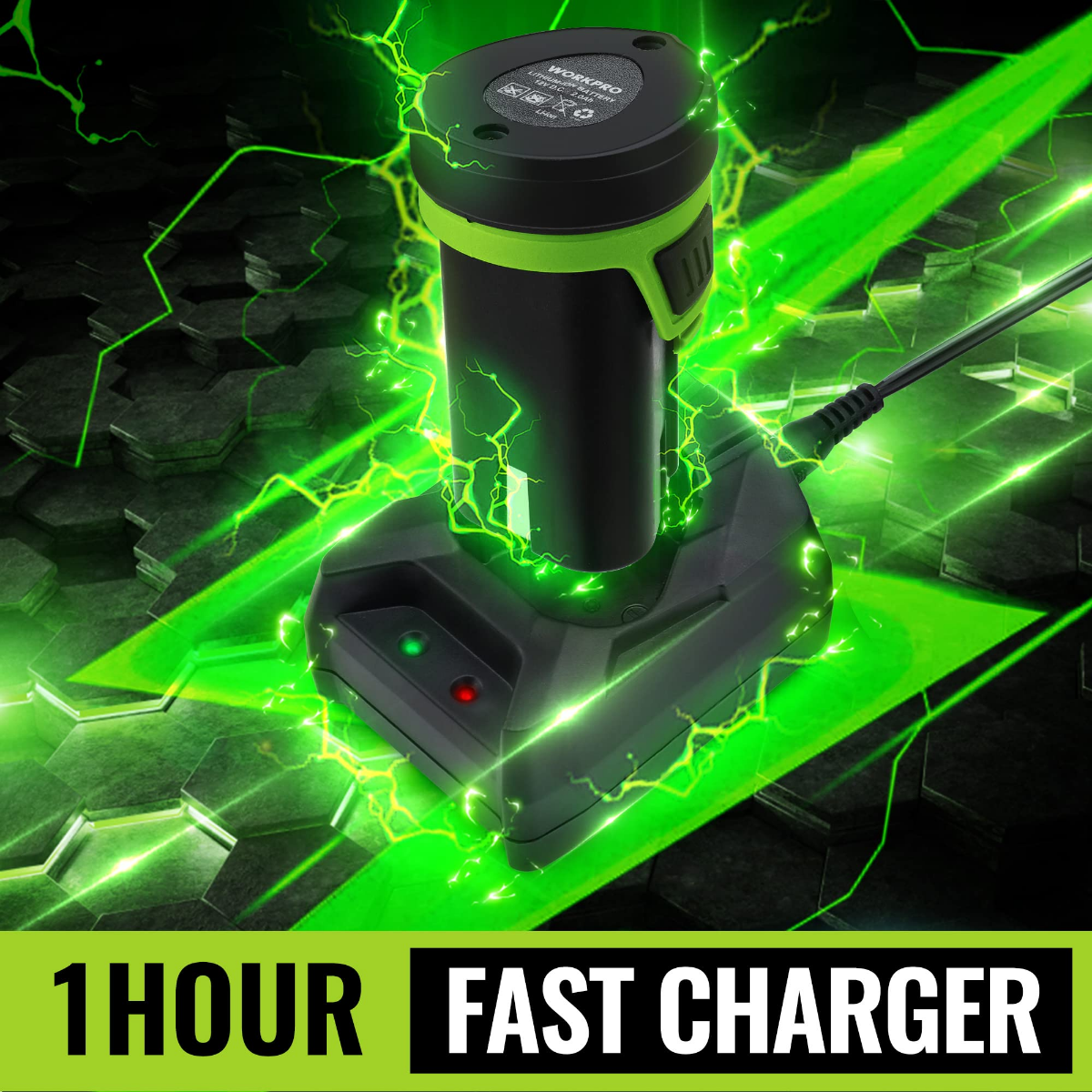 Charging base with indicator lights for cordless trimmer, lime green and black