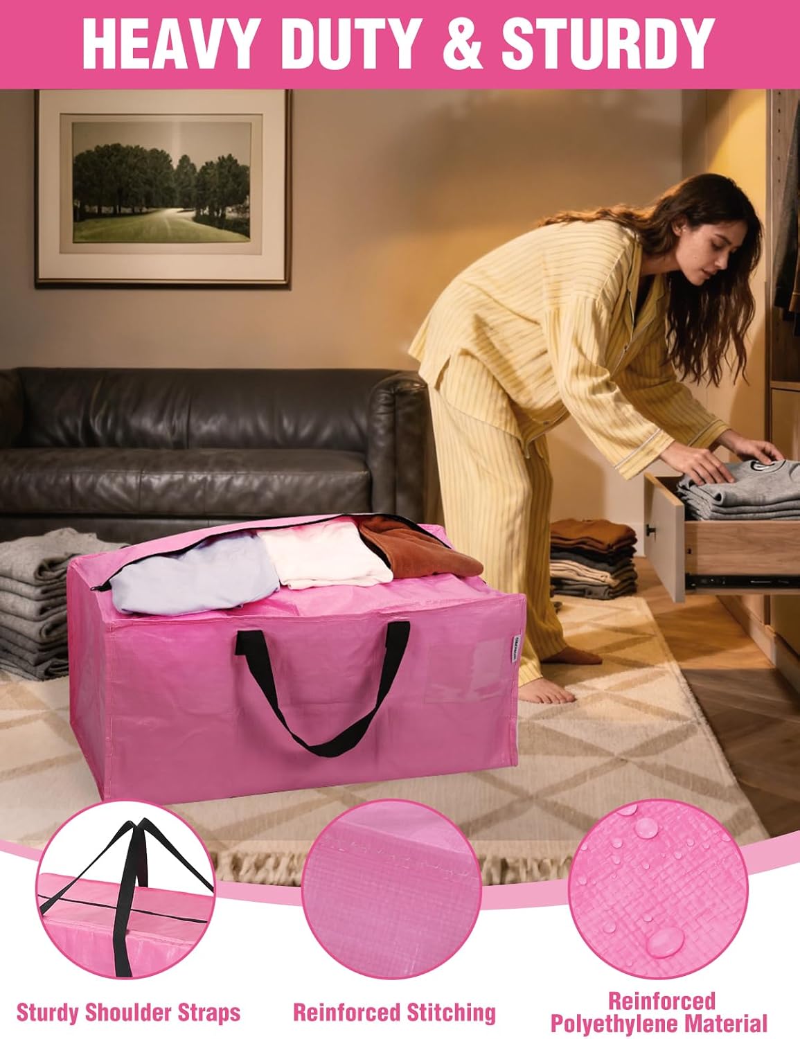 Pink heavy-duty moving bag with reinforced stitching and black carry handles.