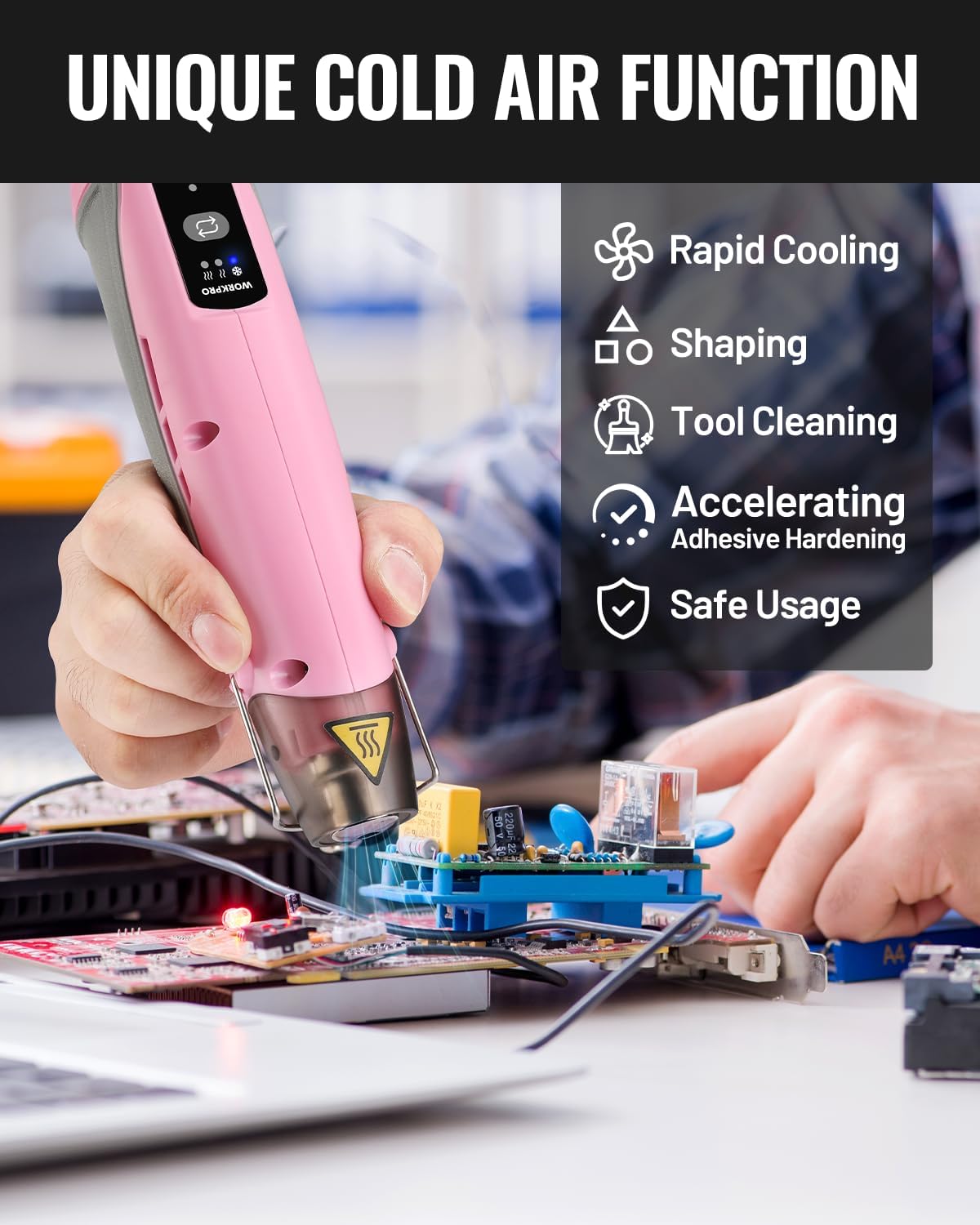 Pink mini cordless heat gun with cool air function and tool cleaning mode shown