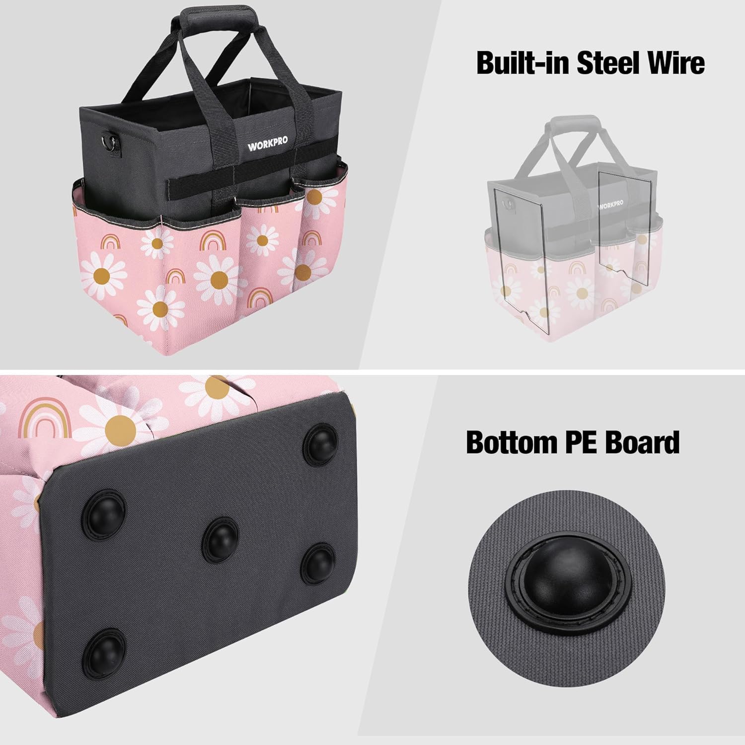 WORKPRO floral pink gardening tote with built-in steel wire base and bottom PE board
